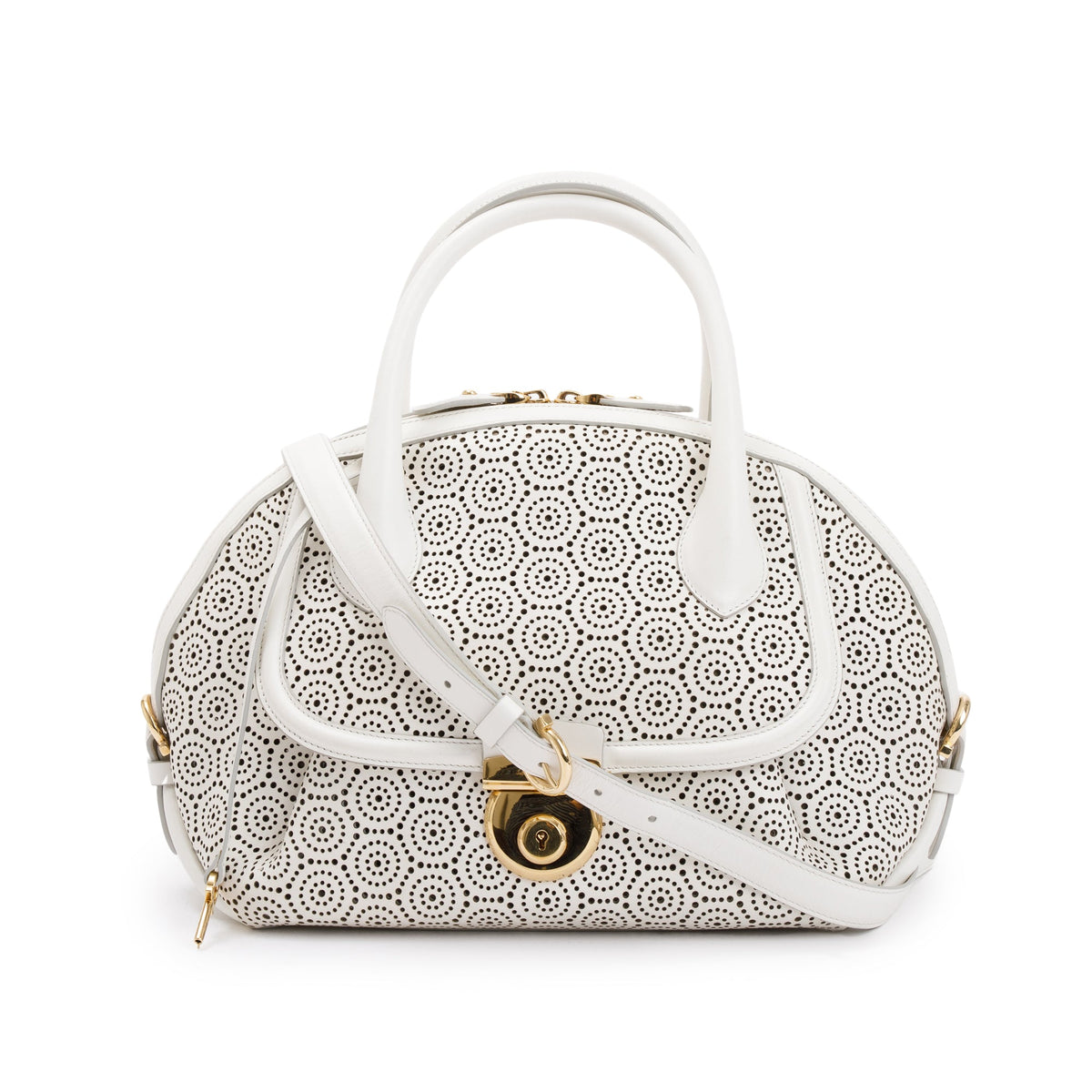 Ferragamo White Perforated Calfskin Leather Fiamma Bag w/ Strap 