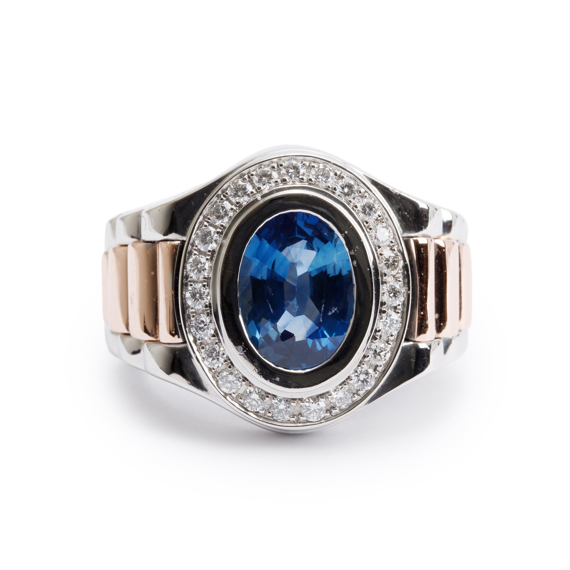 Gents 10k White & Rose Gold Blue Sapphire and Diamond Ring, Size 7.25