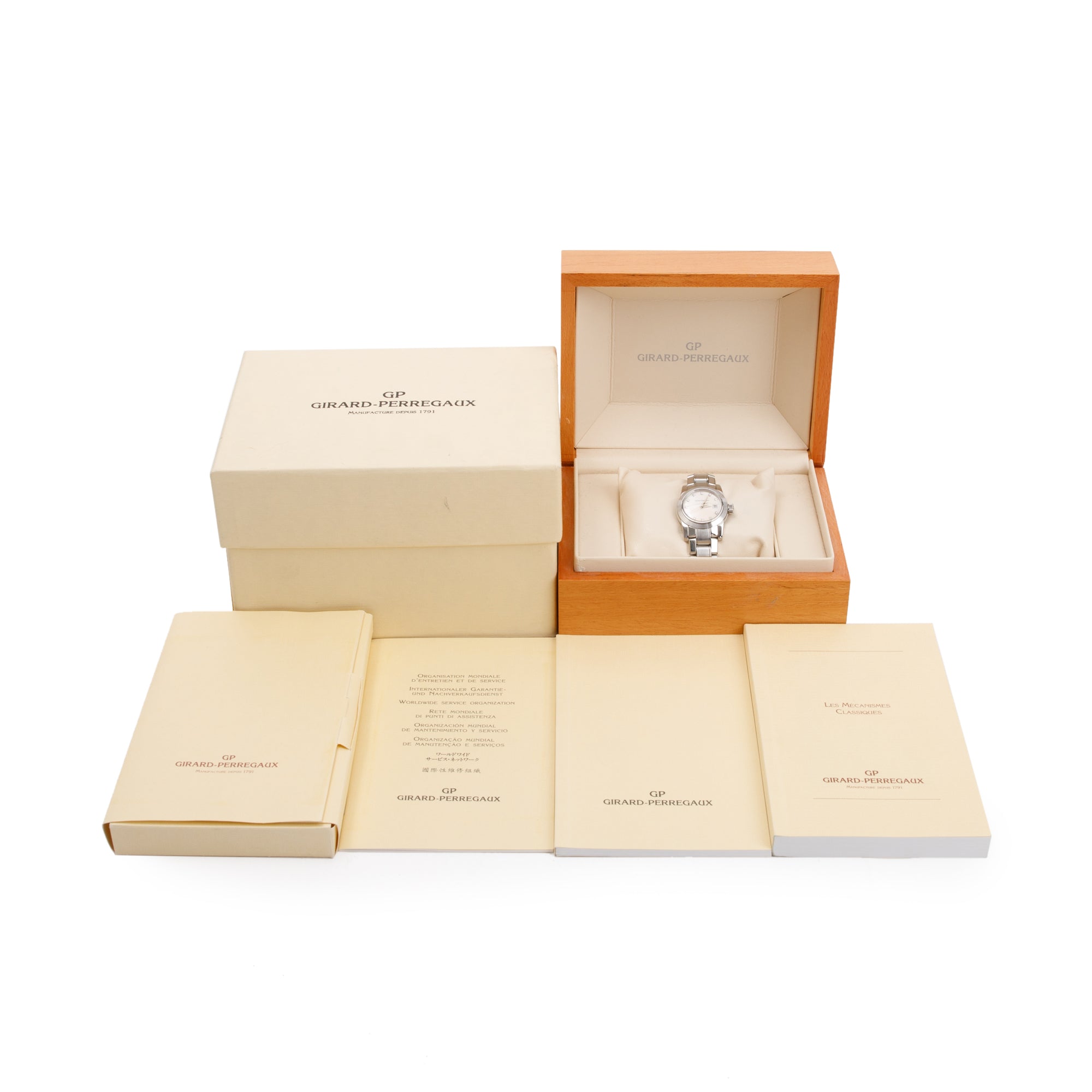 Girard Perregaux Stainless Steel Ladies Date Mother of Pearl Diamond Dial 29 MM Automatic Watch w/ Box & Papers