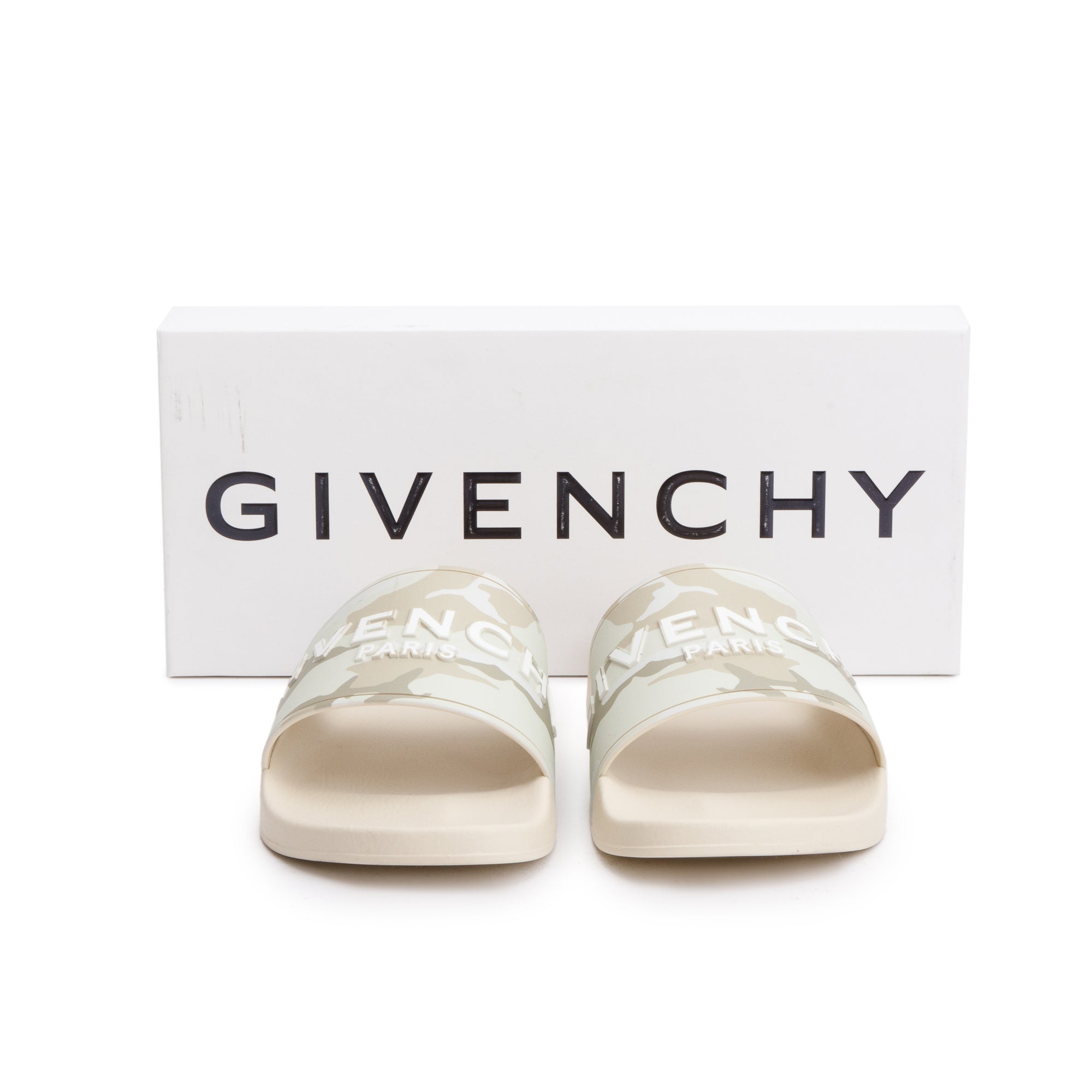 Givenchy 2022 Beige Camouflage Rubber Logo Slides, Size 45 w/ Box