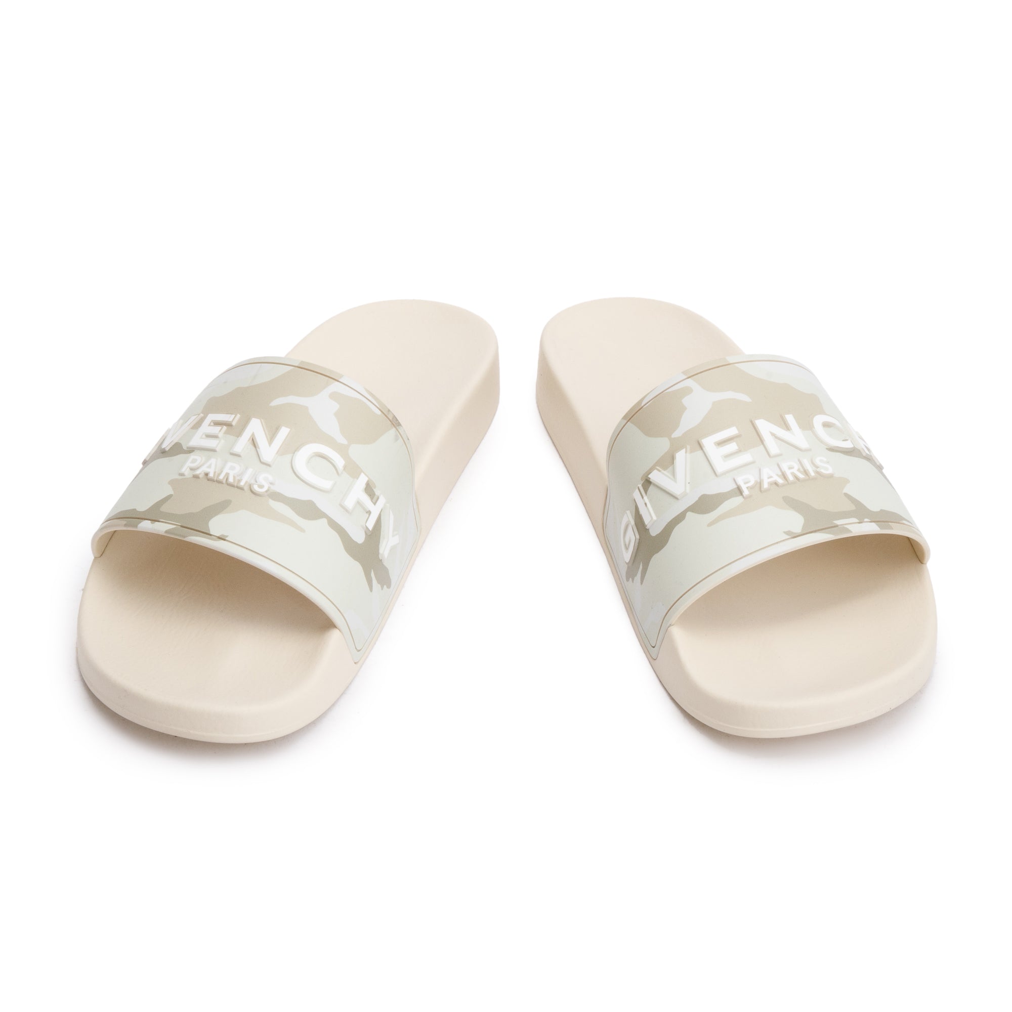 Givenchy 2022 Beige Camouflage Rubber Logo Slides, Size 45 w/ Box