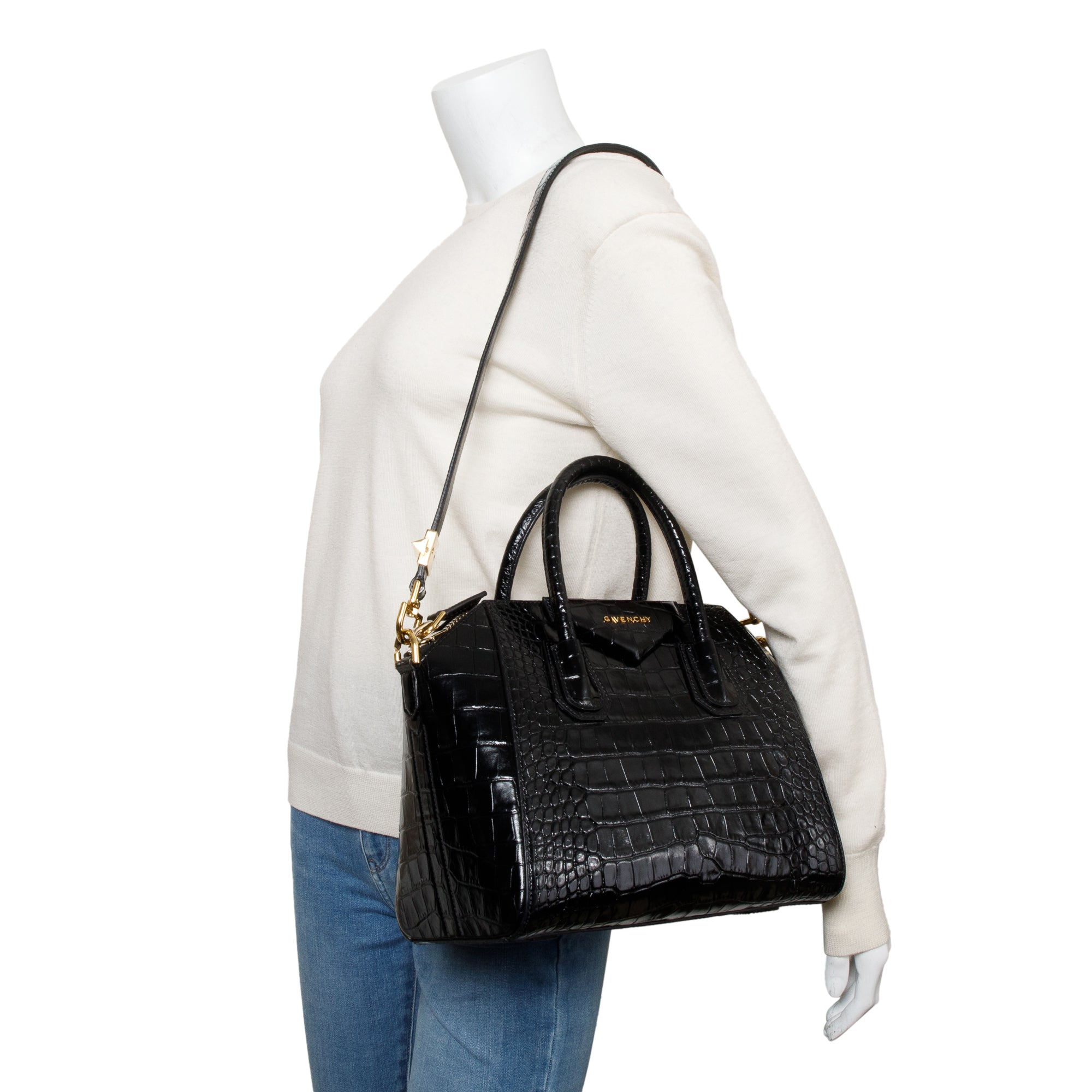 Givenchy Black Croc-Embossed Leather Small Antigona Bag