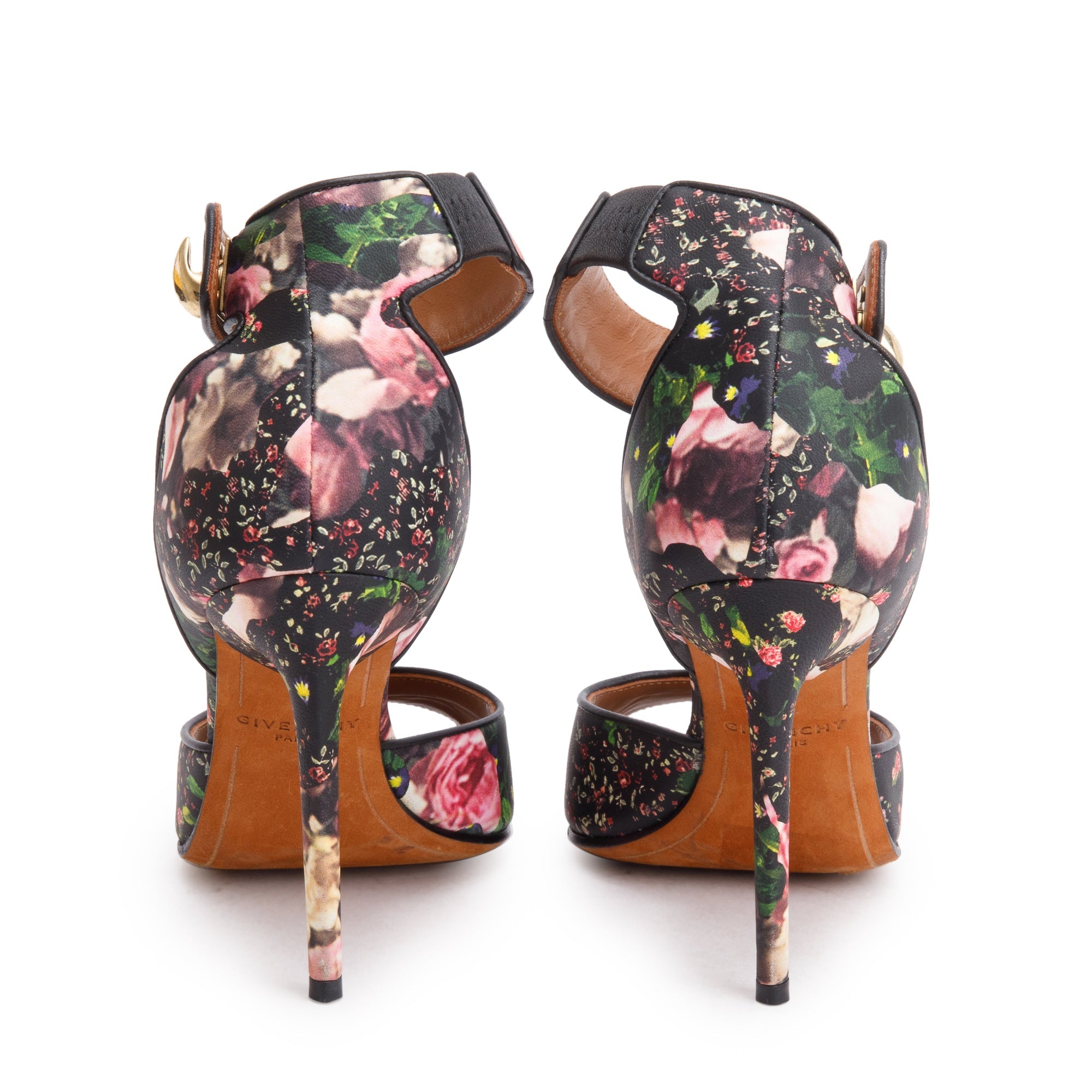 Givenchy Black Floral Satin Shark Lock Ankle Strap Pumps, Size 36 w/ Box
