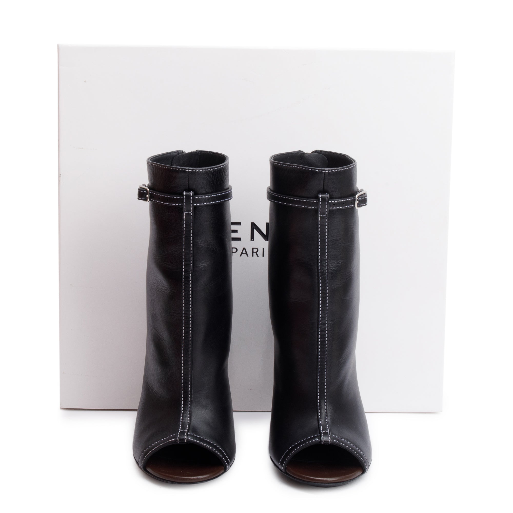 Givenchy Black Leather Open Toe Heel Ankle Boots, Size 36.5 w/ Box