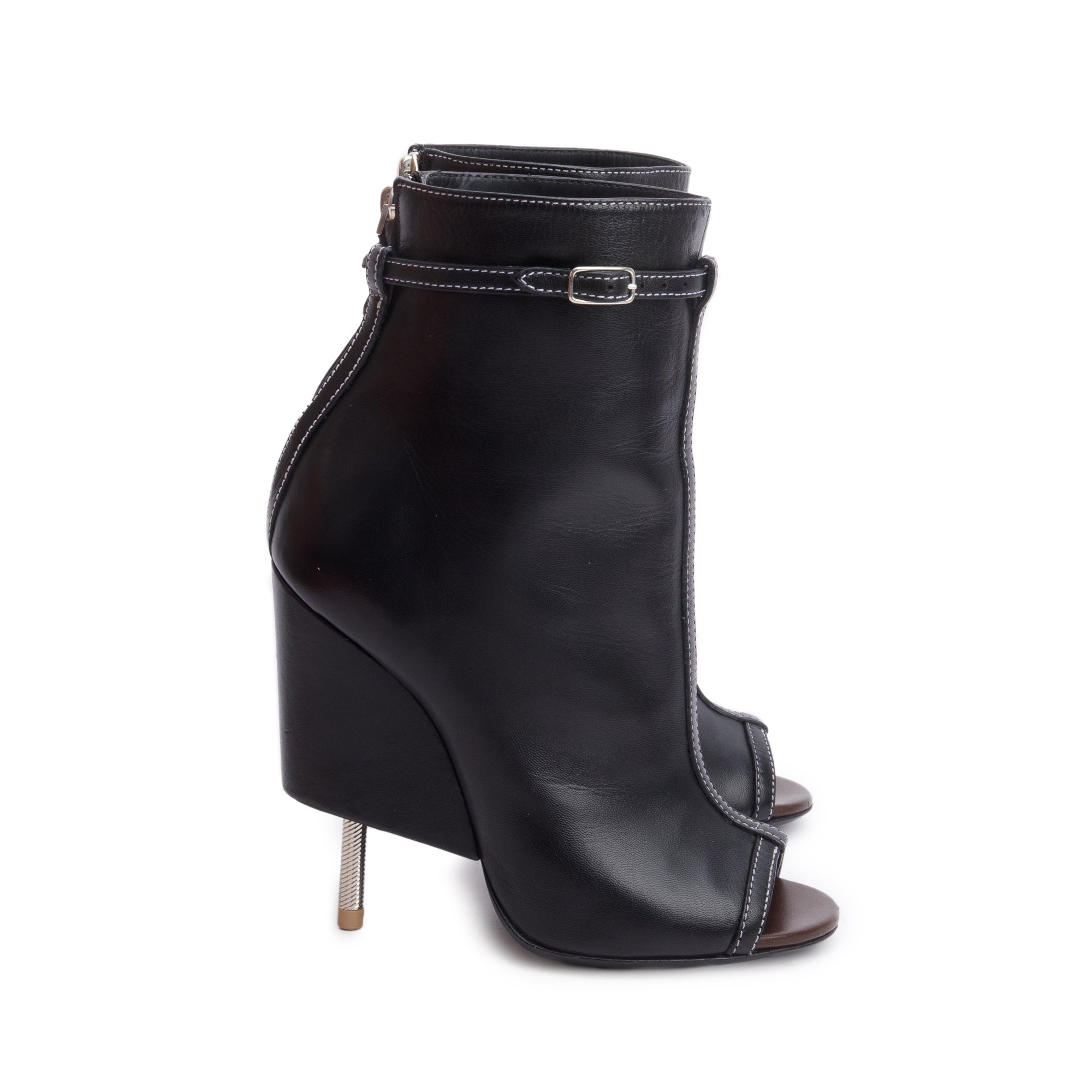 Givenchy Black Leather Open Toe Heel Ankle Boots, Size 36.5 w/ Box
