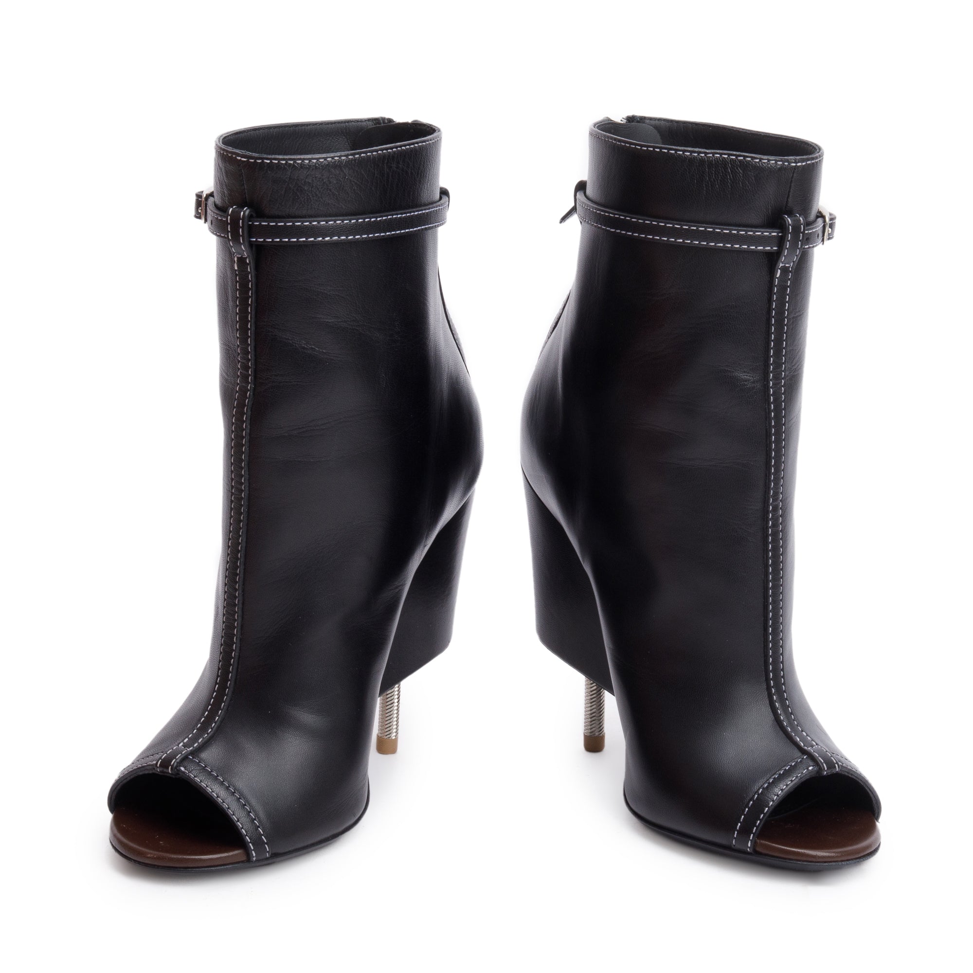 Givenchy Black Leather Open Toe Heel Ankle Boots, Size 36.5 w/ Box