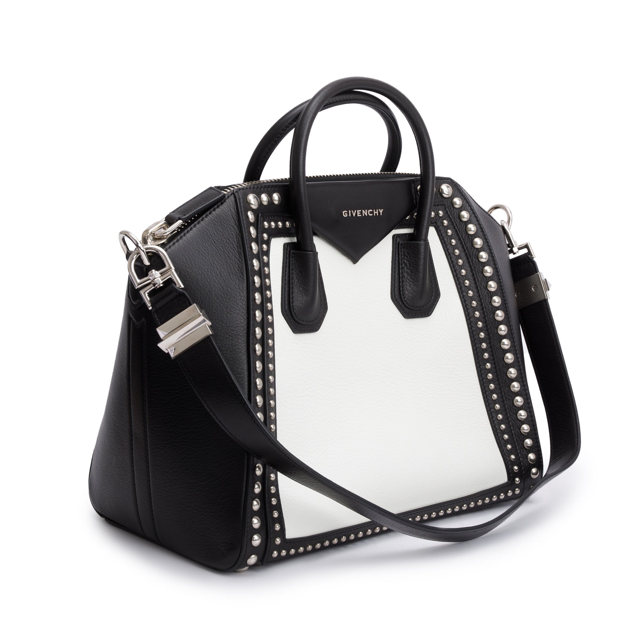 Givenchy Black/White Calfskin Leather Studded Medium Antigona Bag