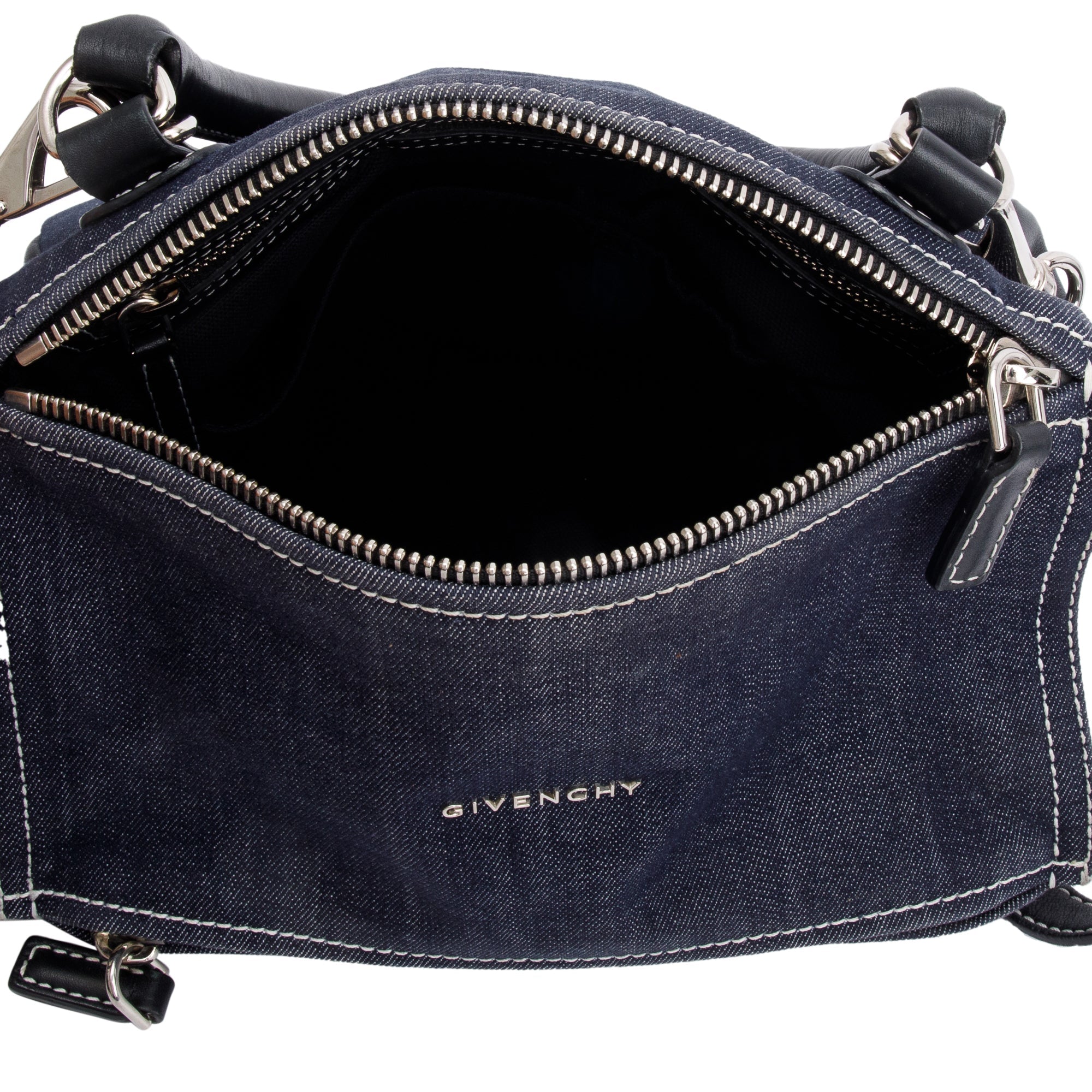 Givenchy Blue Denim Black Calfskin Leather Small Pandora Satchel