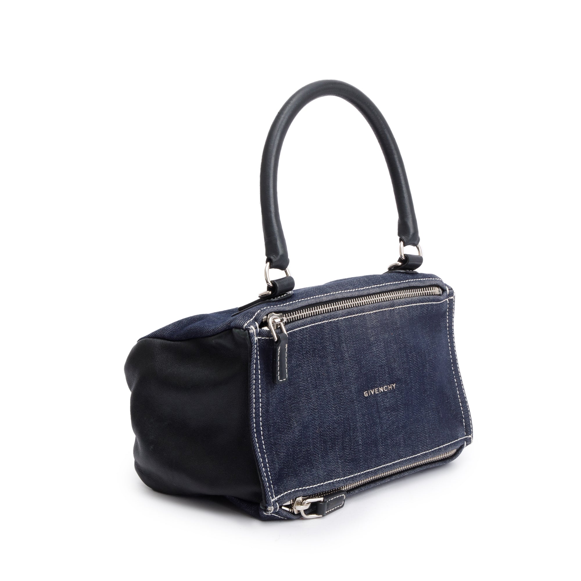 Givenchy Blue Denim Black Calfskin Leather Small Pandora Satchel