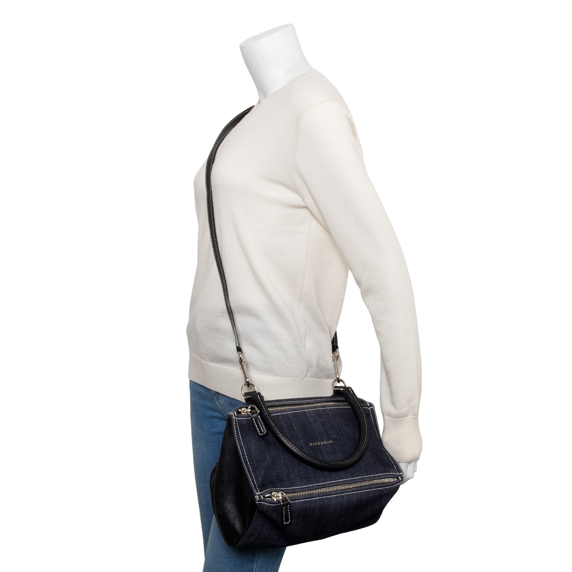 Givenchy Blue Denim Black Calfskin Leather Small Pandora Satchel