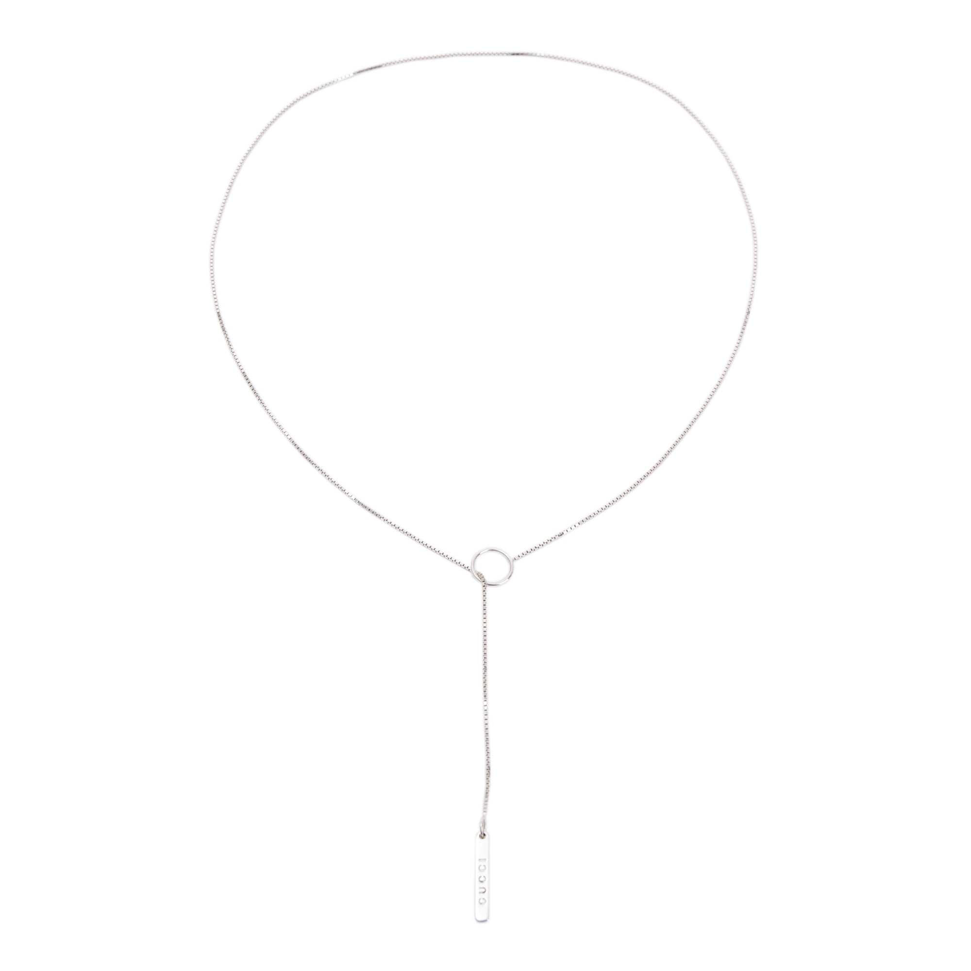 Gucci 18k White Gold 20 mm Logo Lariat Necklace