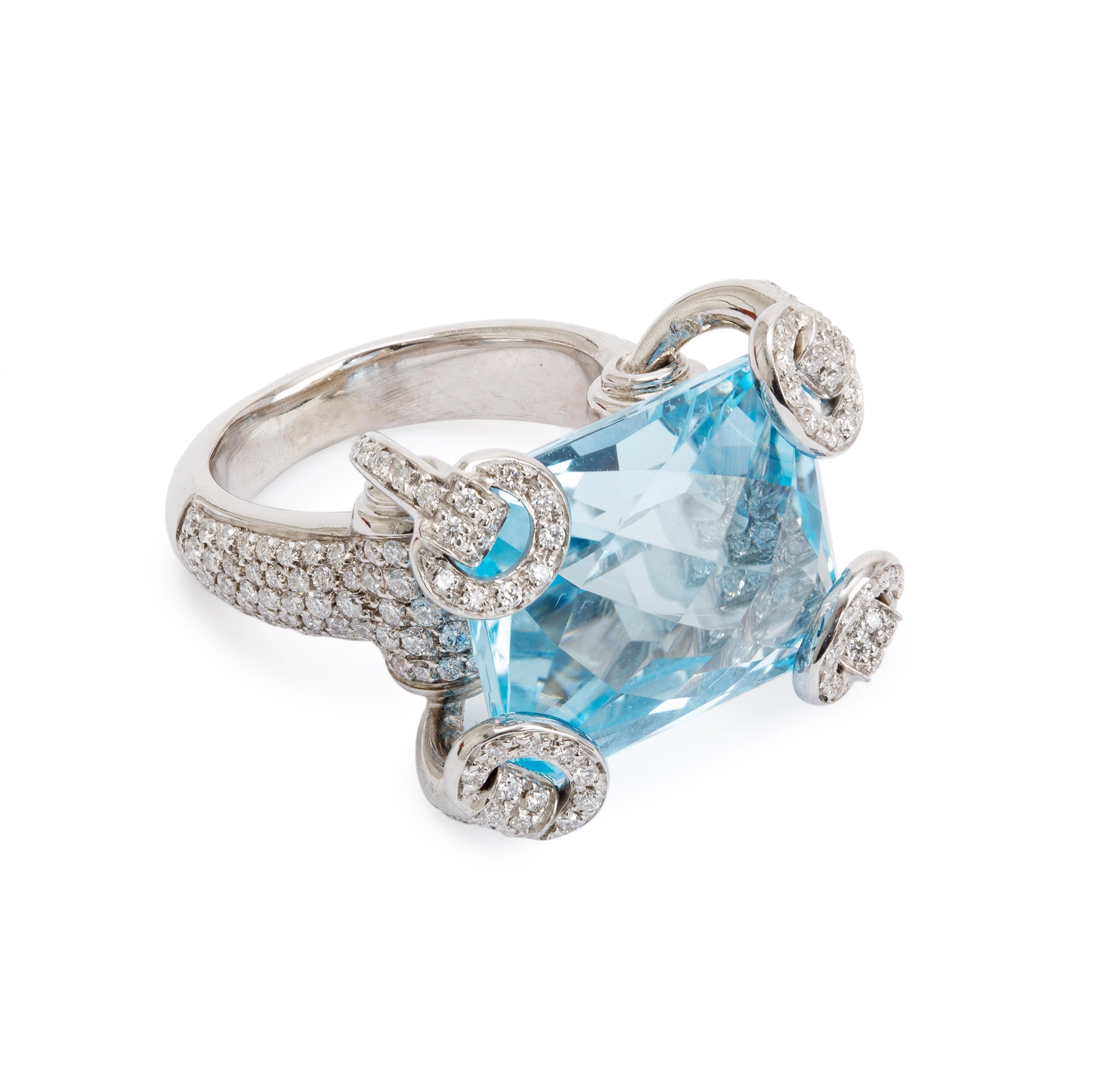 Gucci 18k White Gold Blue Topaz & Diamond Horsebit Cocktail Ring, Size 4.75