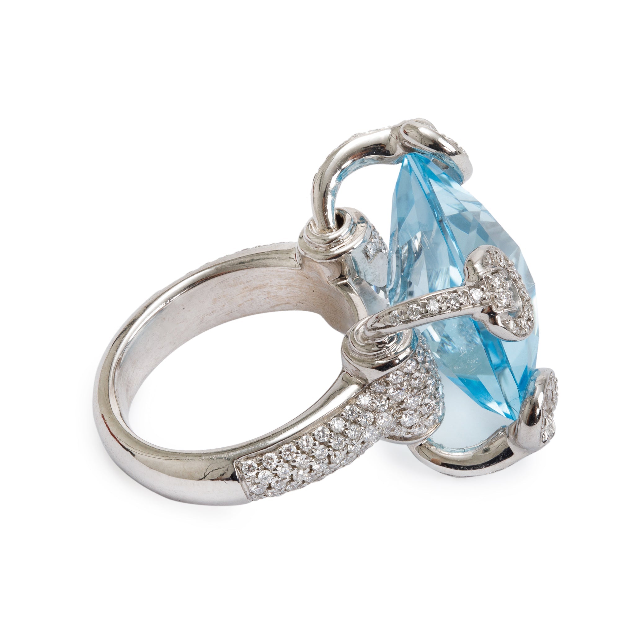 Gucci 18k White Gold Blue Topaz & Diamond Horsebit Cocktail Ring, Size 4.75