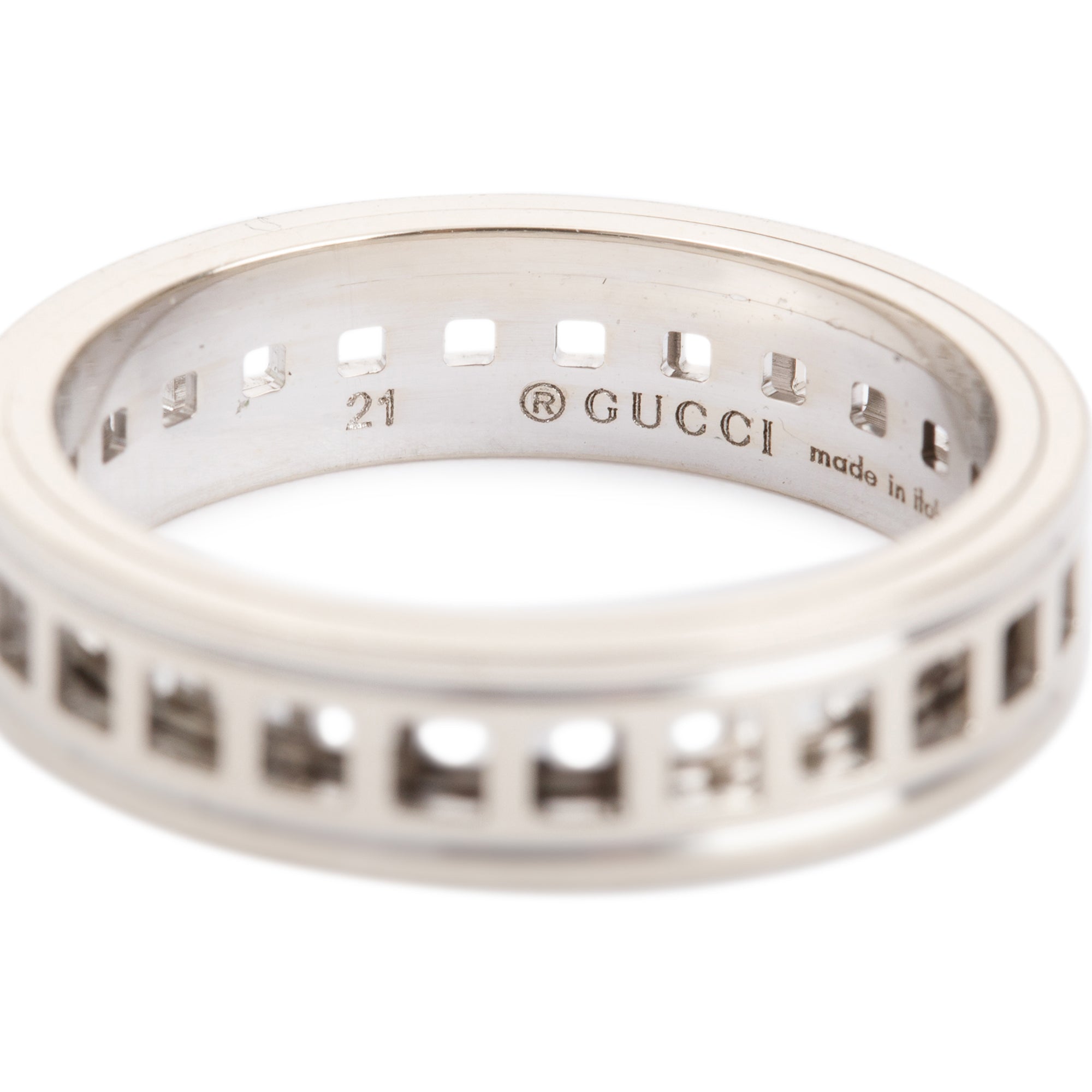 Gucci 18k White Gold Cut Out Spinning Ring, Size 21 9.25