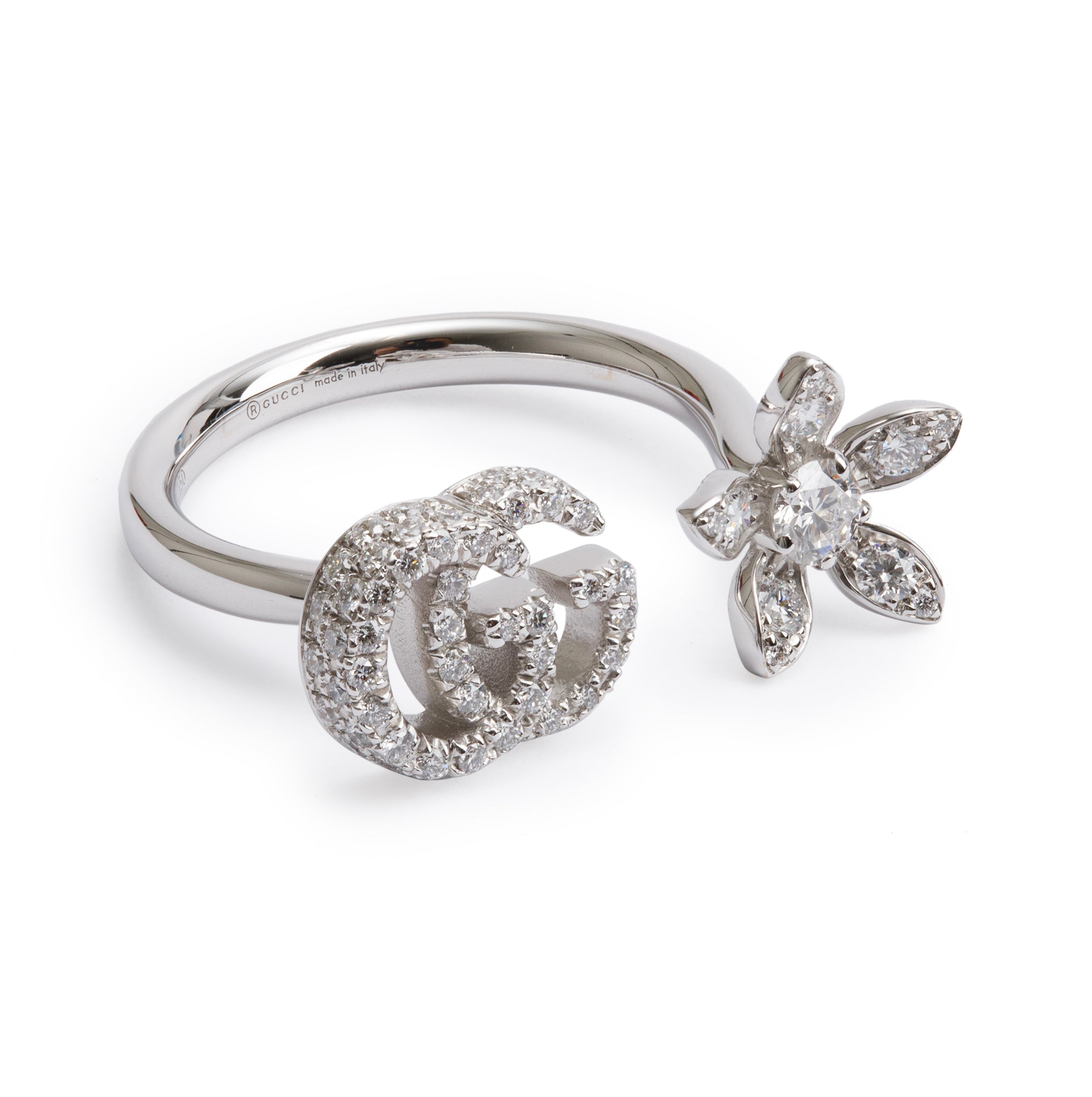 Gucci 18k White Gold Diamond Double G & Flower Open Ring, Size 12 5.5