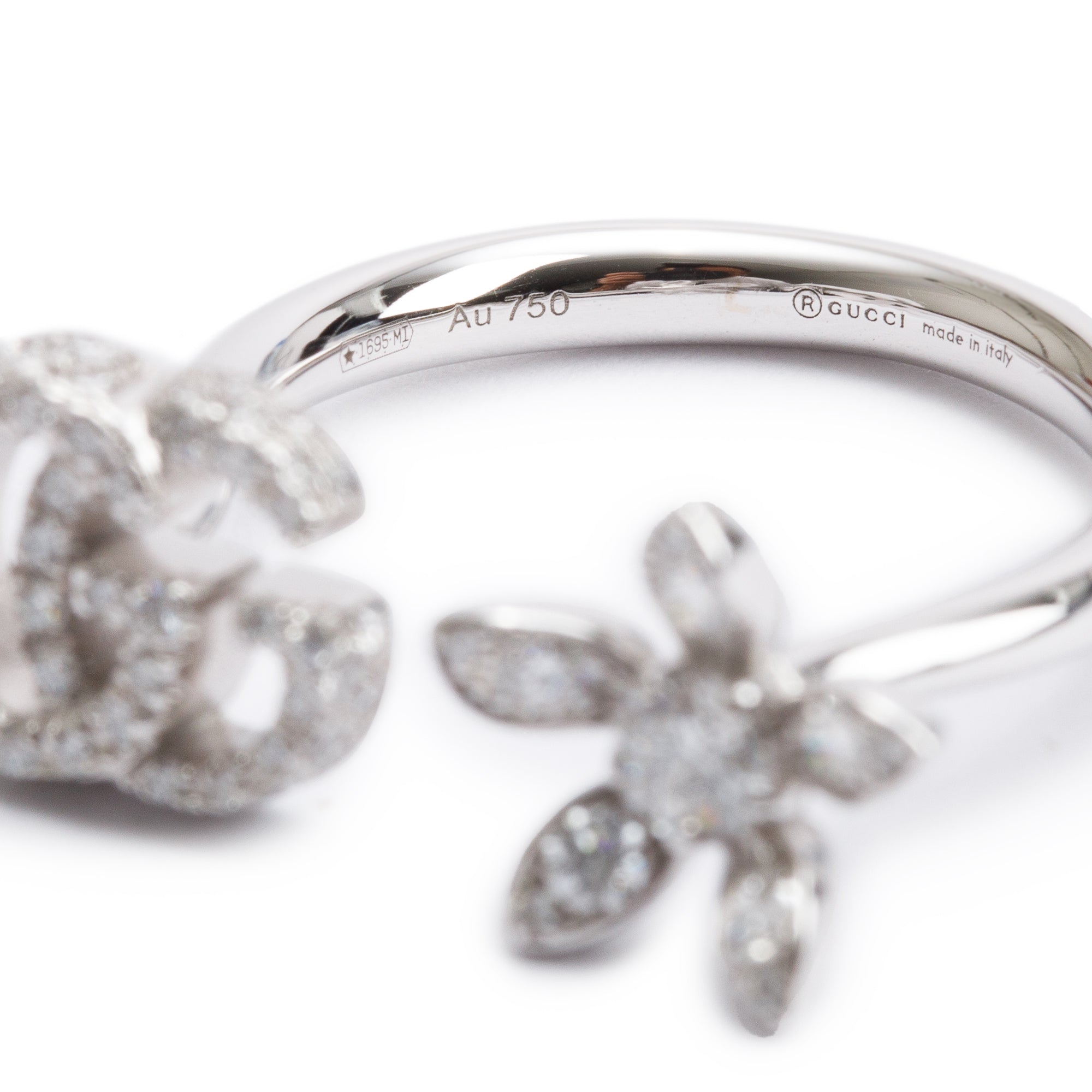 Gucci 18k White Gold Diamond Double G & Flower Open Ring, Size 12 5.5