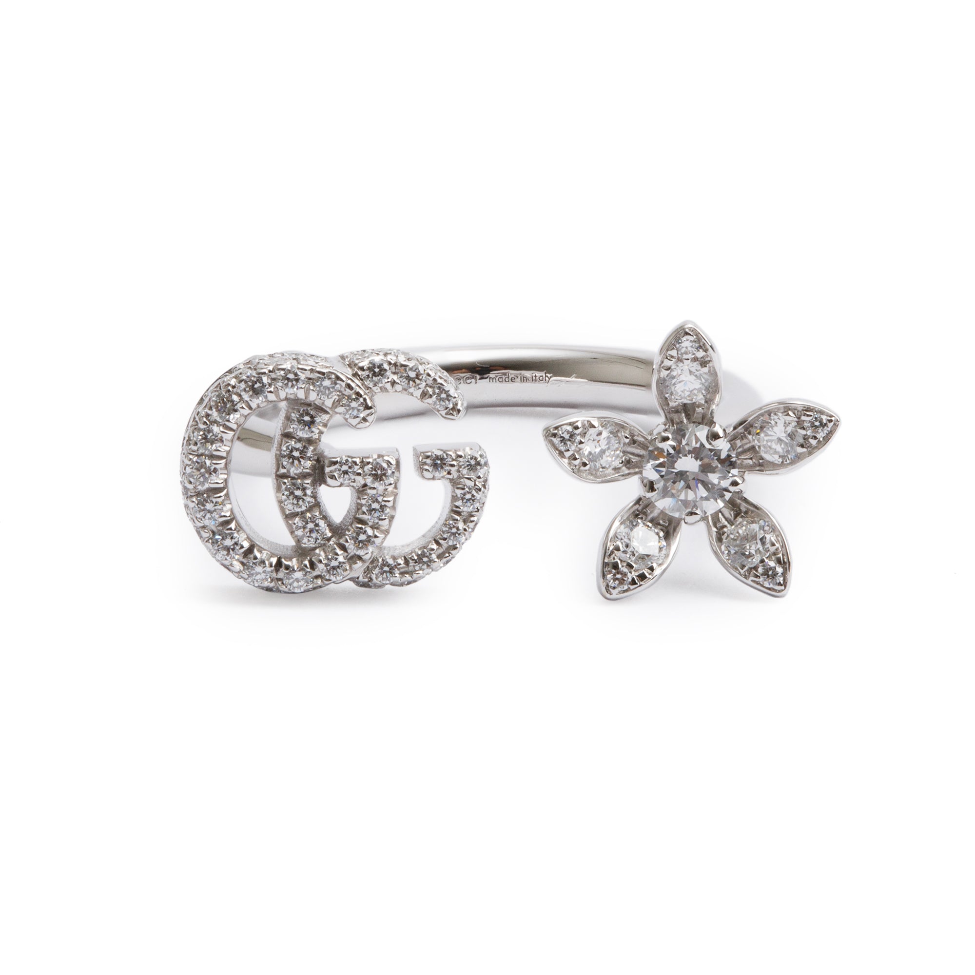 Gucci 18k White Gold Diamond Double G & Flower Open Ring, Size 12 5.5