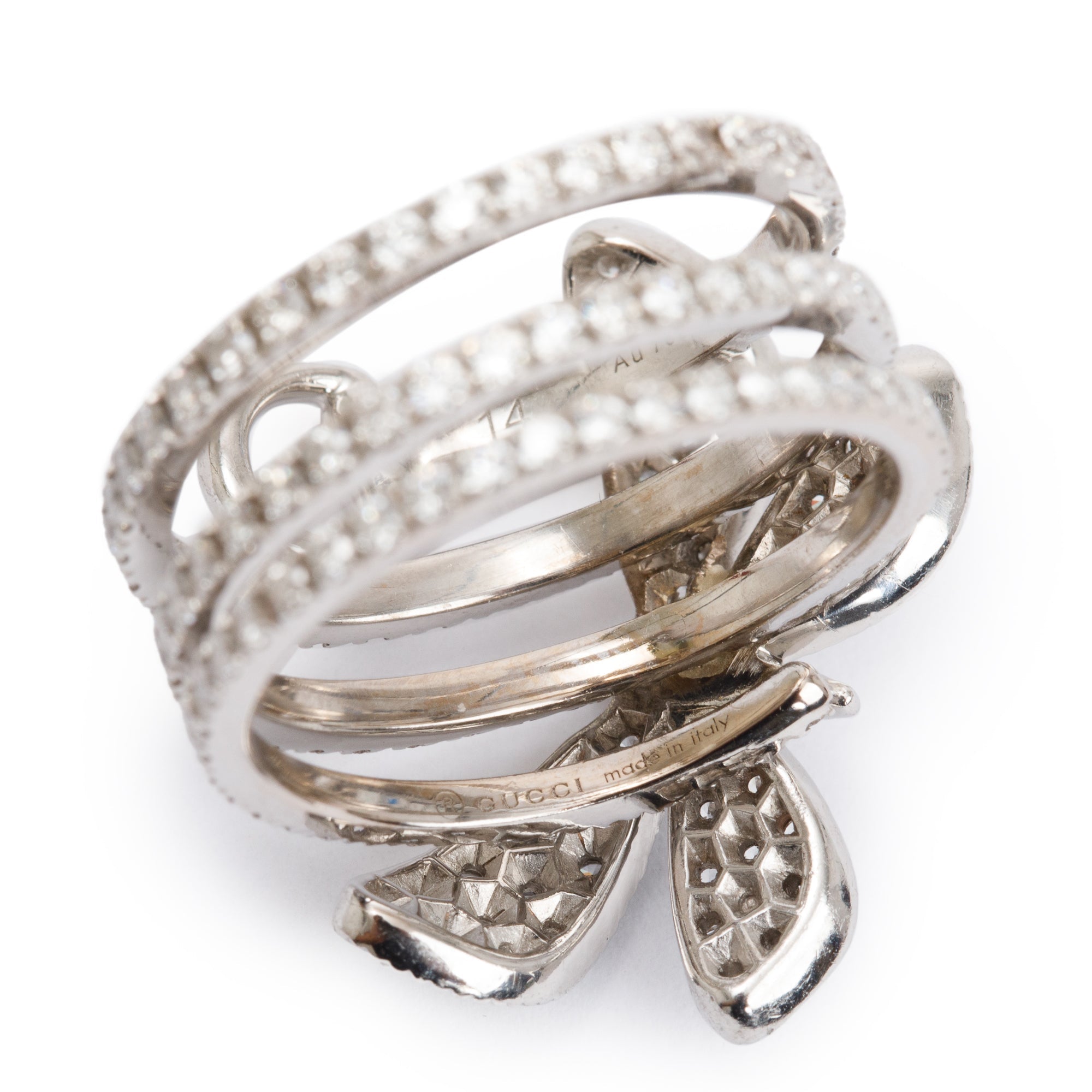 Gucci 18k White Gold Diamond Flora Butterfly Ring, Size 14 6.5