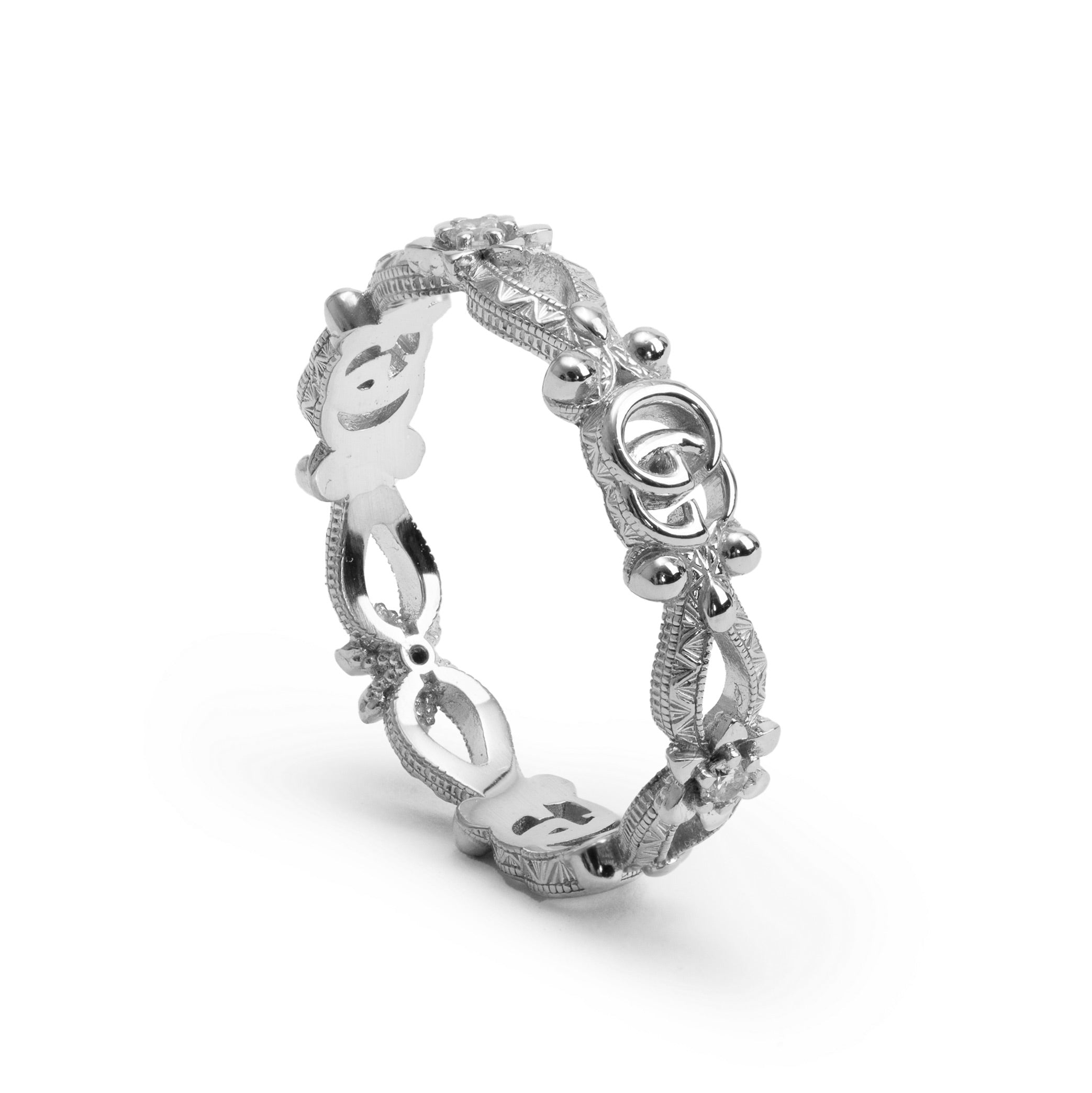 Gucci 18k White Gold Diamond Flora Narrow Ring, Size 14 6.5