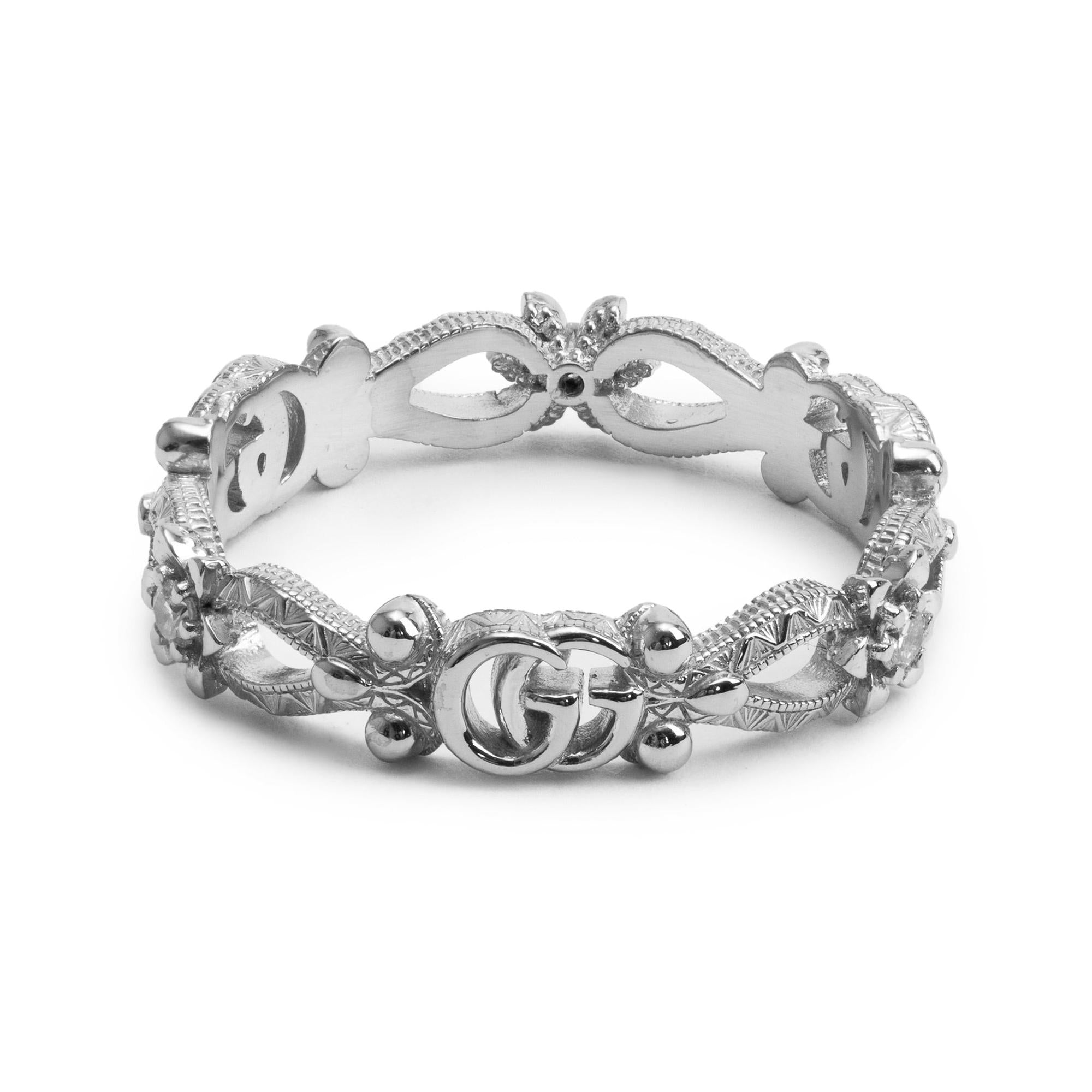 Gucci 18k White Gold Diamond Flora Narrow Ring, Size 14 6.5
