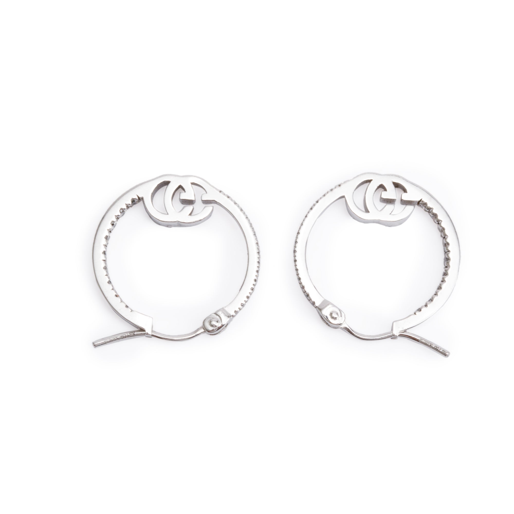 Gucci 18k White Gold Diamond GG Running Hoop Earrings w/ Box