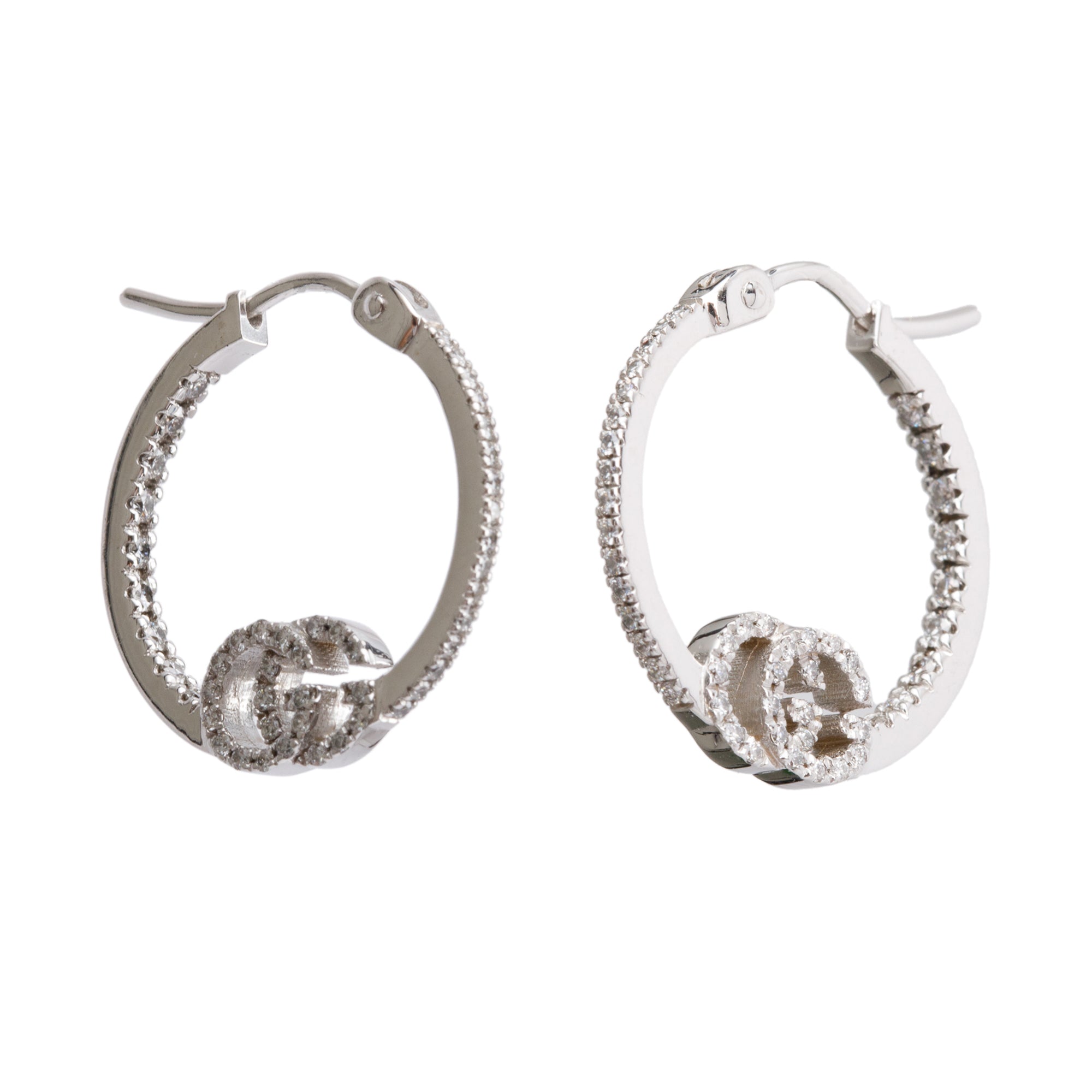 Gucci 18k White Gold Diamond GG Running Hoop Earrings w/ Box