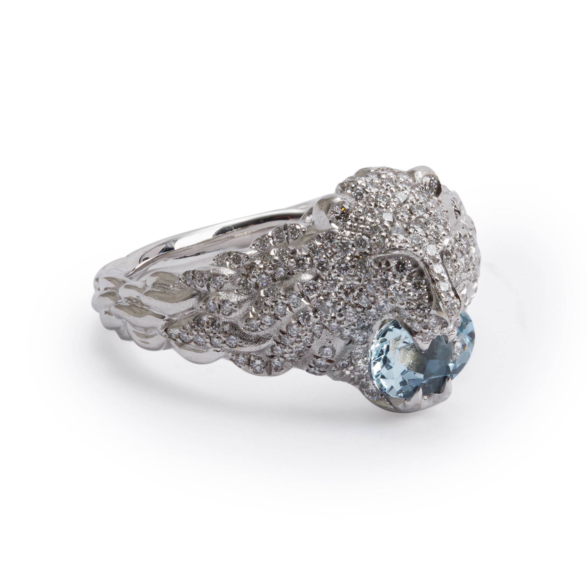 Gucci 18k White Gold Lion Head Ring with Aquamarine & Diamonds, Size 14 6/34 w/ Box