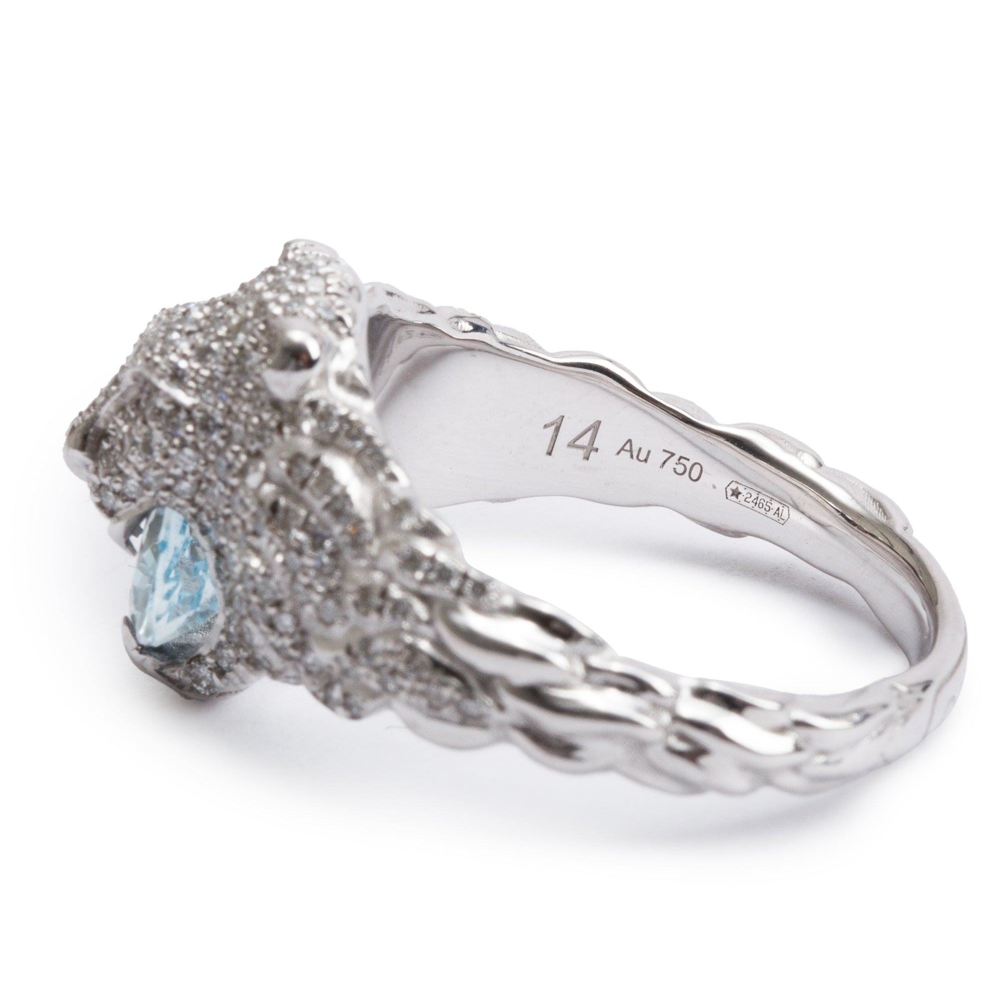 Gucci 18k White Gold Lion Head Ring with Aquamarine & Diamonds, Size 14 6/34 w/ Box