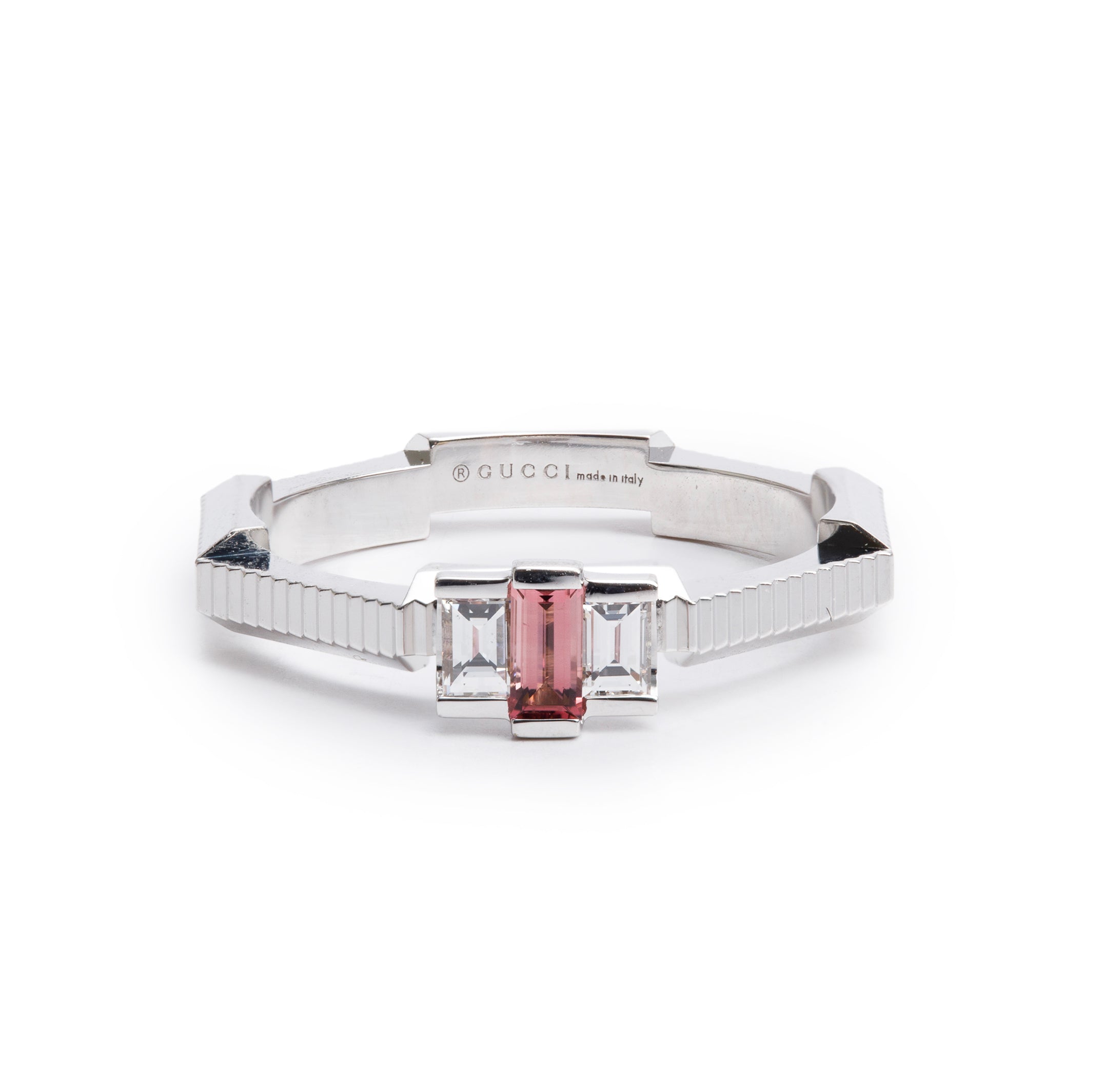 Gucci 18k White Gold Rubellite & Diamond Link to Love Ring, Size 12 6