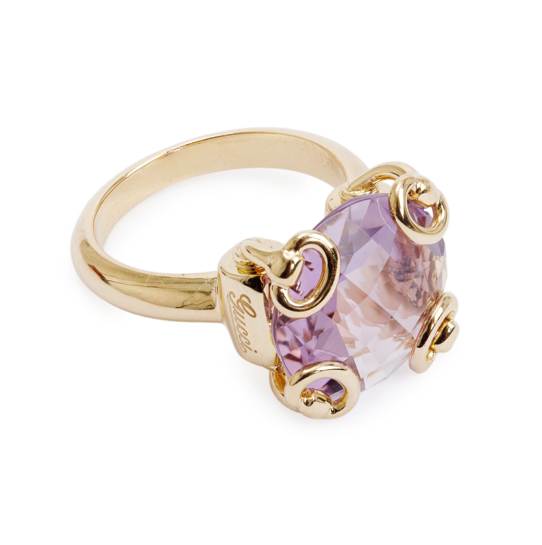 Gucci 18k Yellow Gold Amethyst Horsebit Cocktail Ring, Size 13 6.5