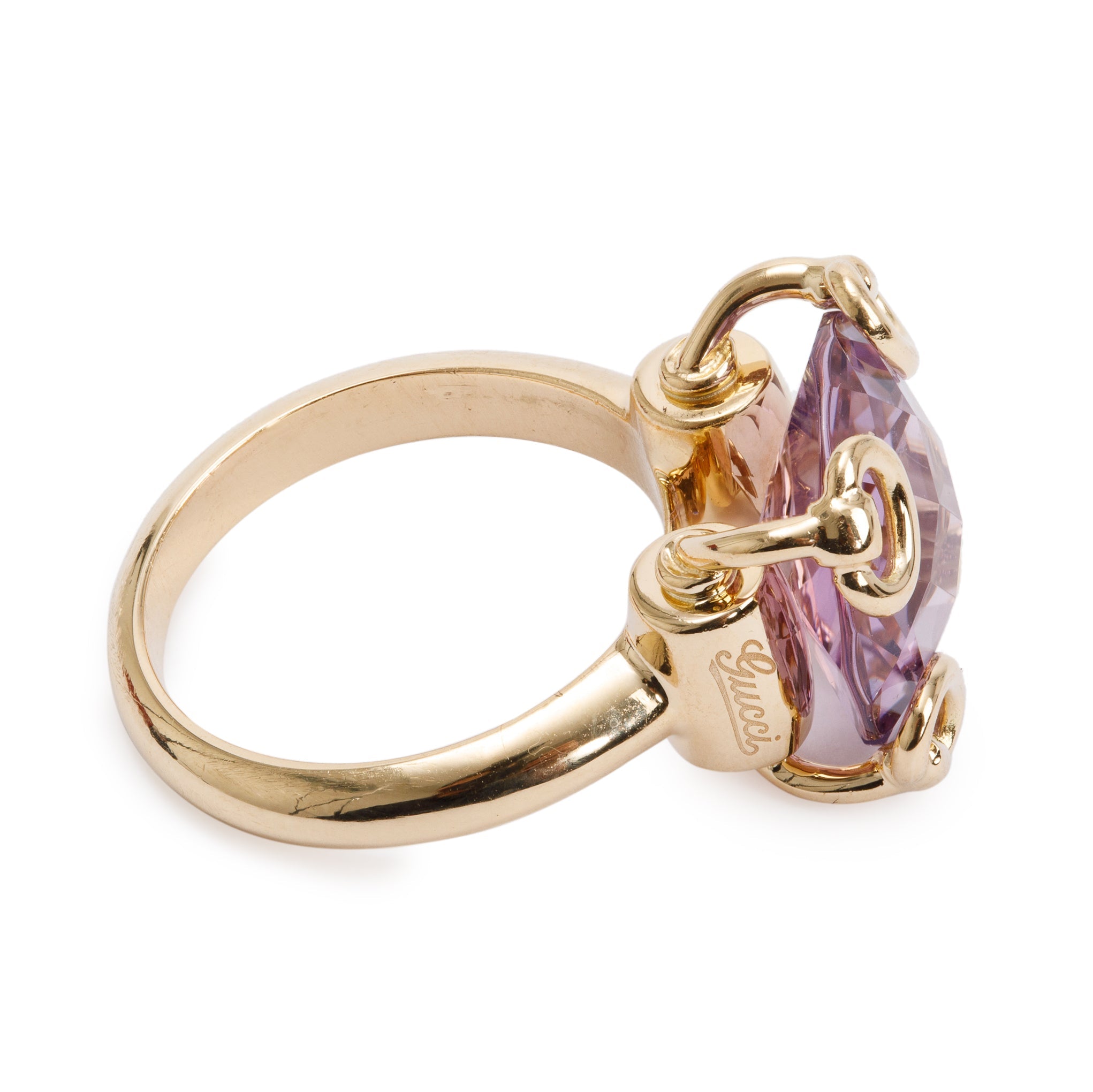 Gucci 18k Yellow Gold Amethyst Horsebit Cocktail Ring, Size 13 6.5