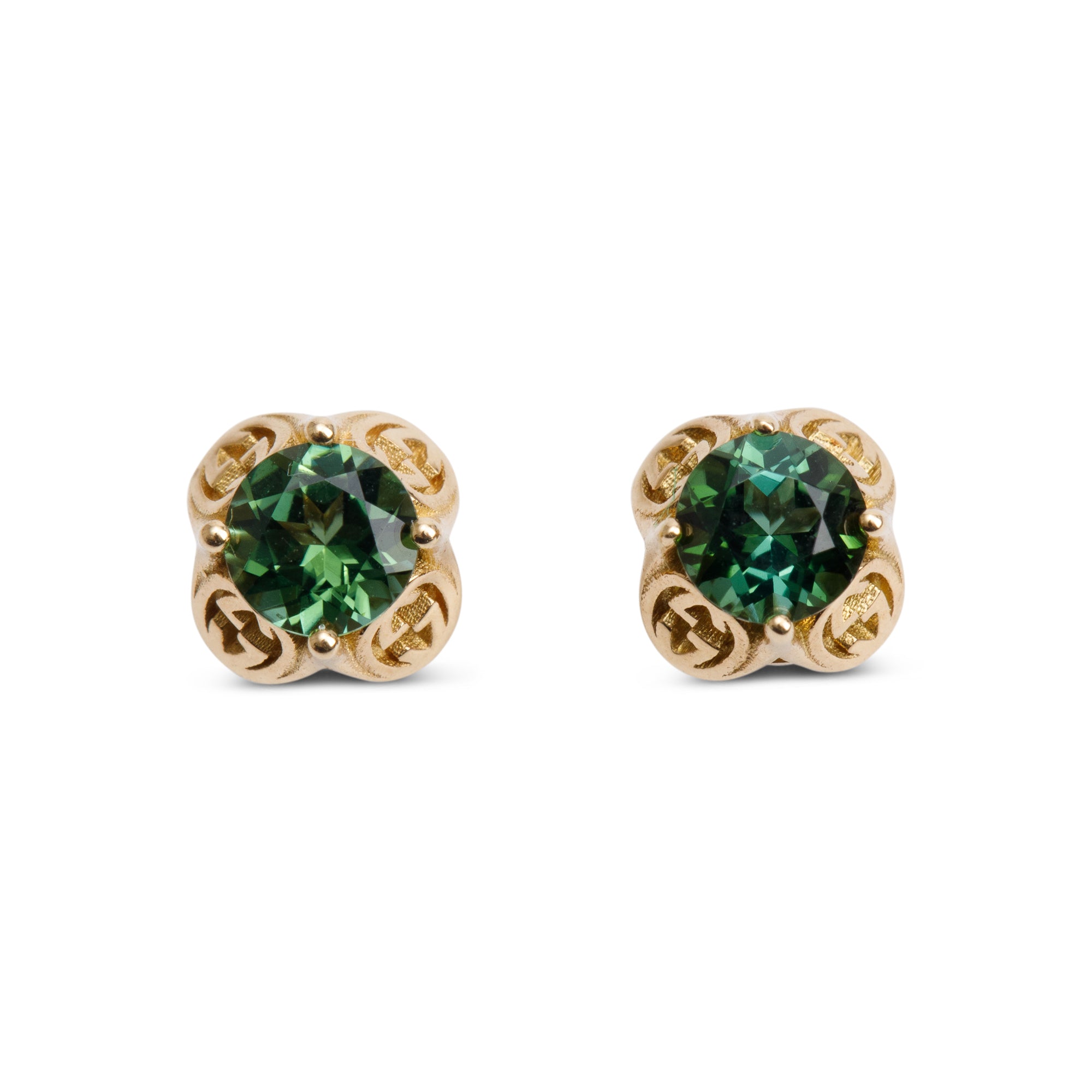 Gucci 18k Yellow Gold Diamond Green Tourmaline Interlocking G Stud Earrings w/ Box