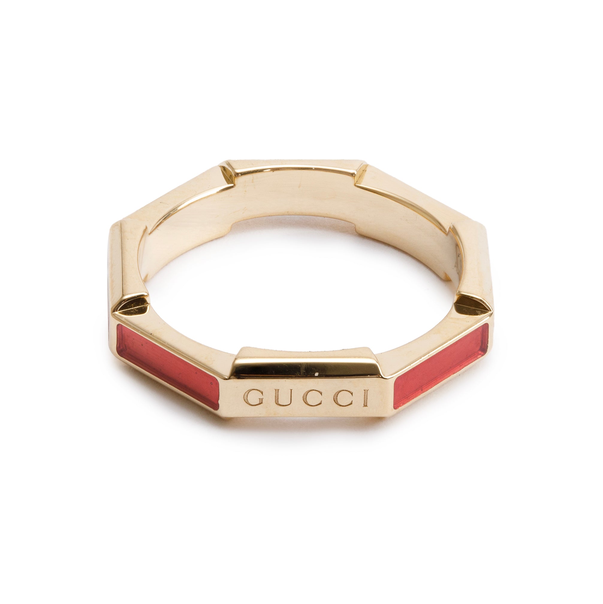 Gucci 18k Yellow Gold Diamond & Red Enamel Link to Love Ring, Size 12 6