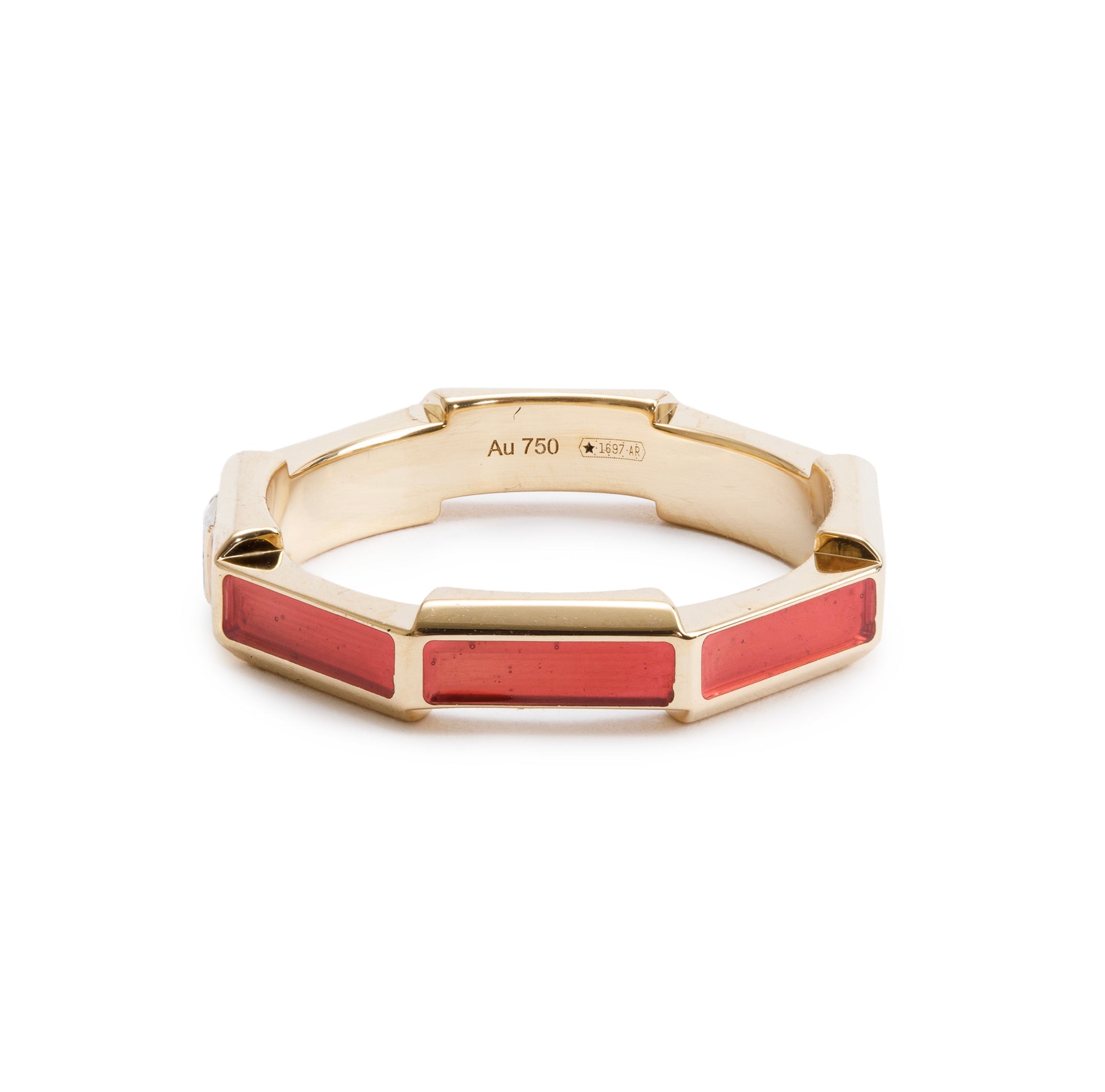 Gucci 18k Yellow Gold Diamond & Red Enamel Link to Love Ring, Size 12 6