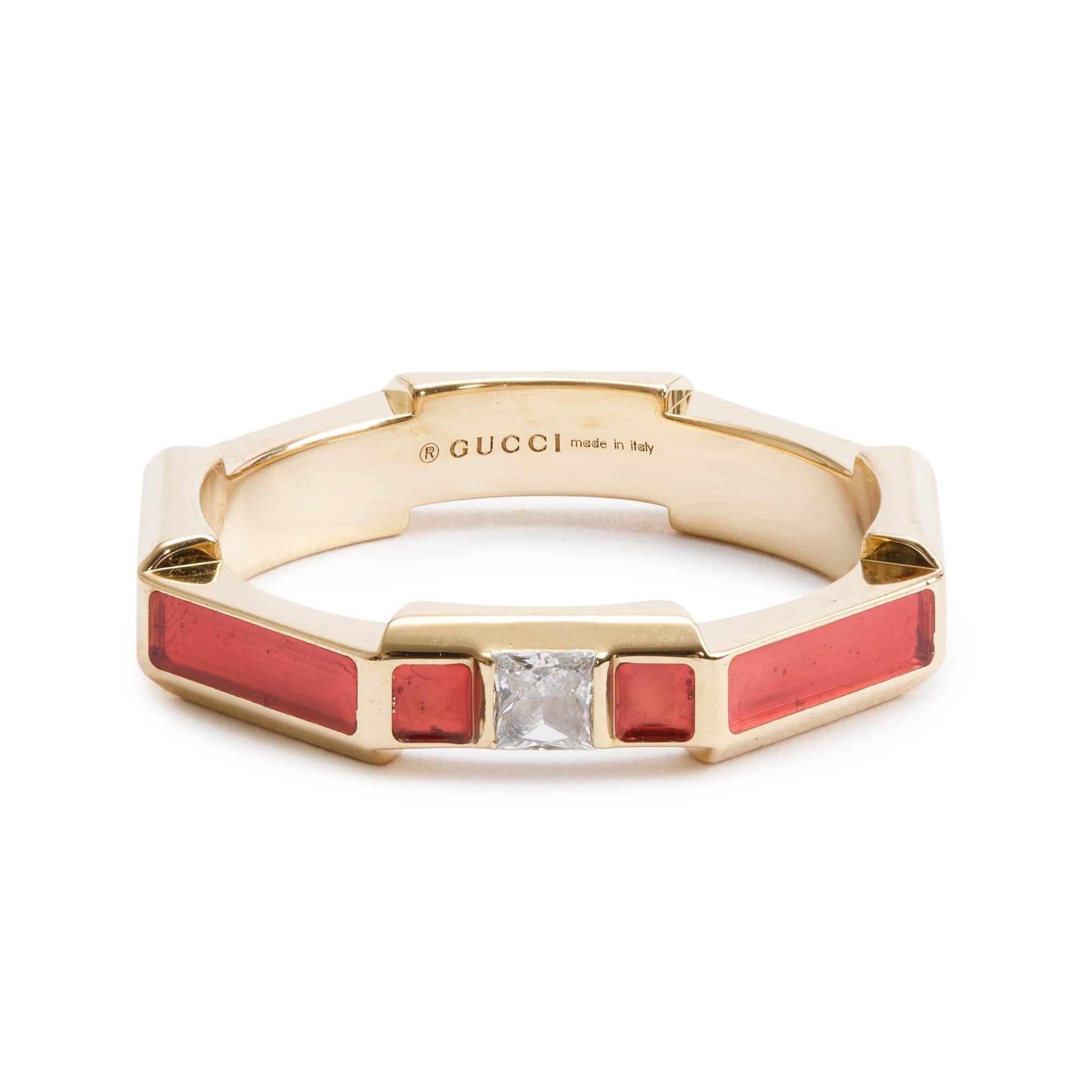 Gucci 18k Yellow Gold Diamond & Red Enamel Link to Love Ring, Size 12 6