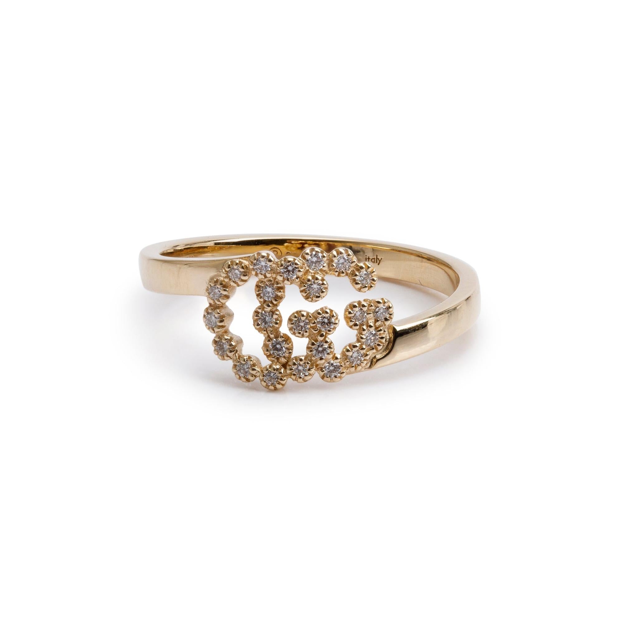 Gucci 18k Yellow Gold Pave Diamond Running GG Ring, Size 15 7.25 w/ Box