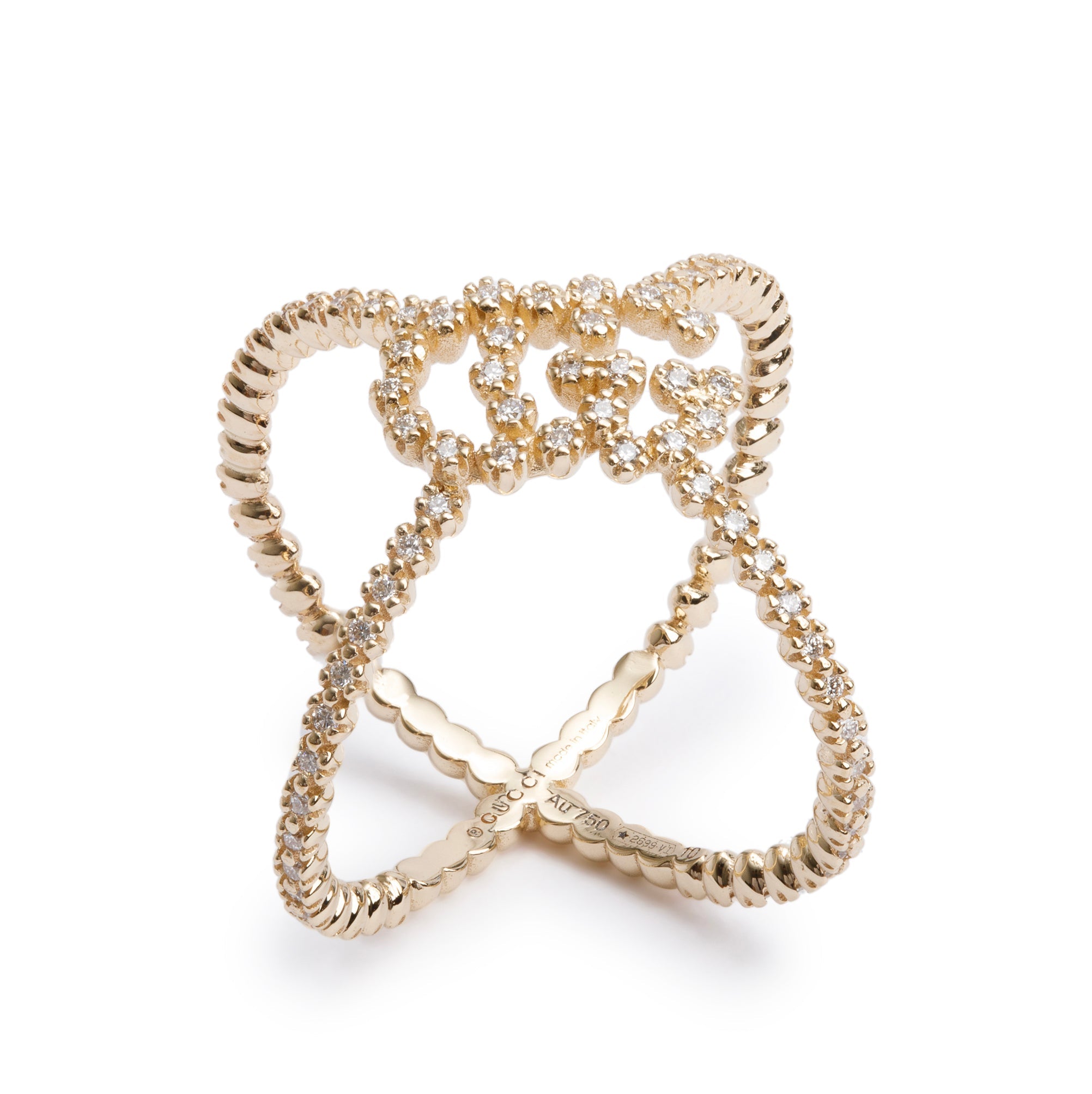 Gucci 18k Yellow Gold Pave Diamond Running GG X Ring, Size 10 4.75