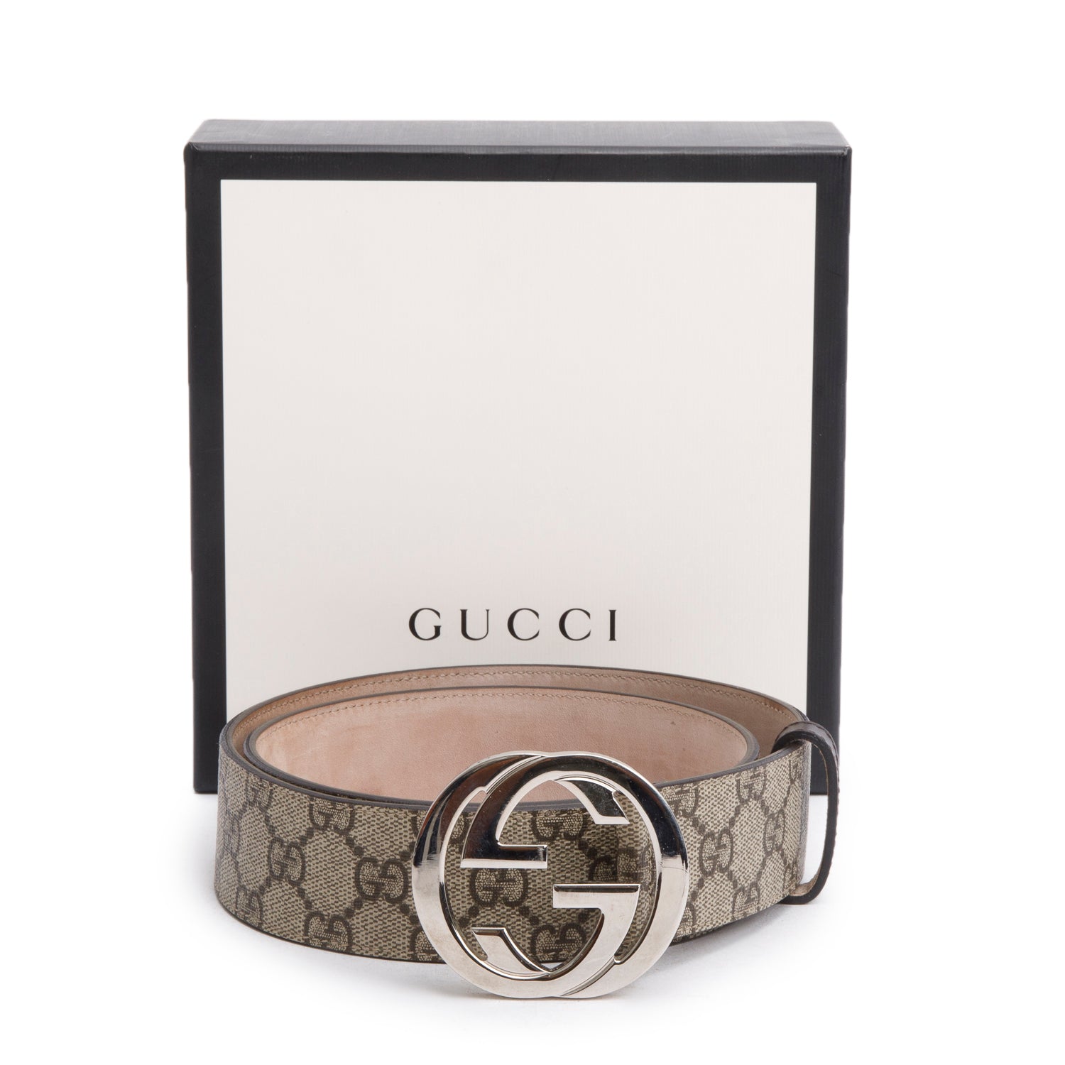Gucci Beige GG Supreme Canvas Interlocking G Belt 85 34 w/ Box