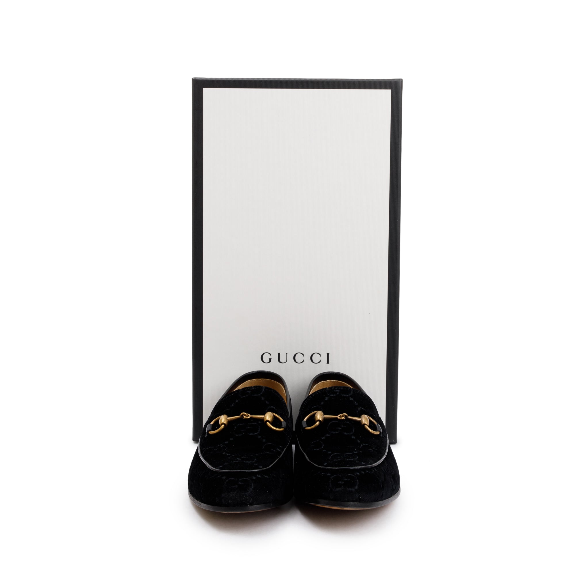 Gucci 2020 Black GG Velvet Jordaan Horsebit Accent Loafers, Size 6.5 w/ Box & Receipt