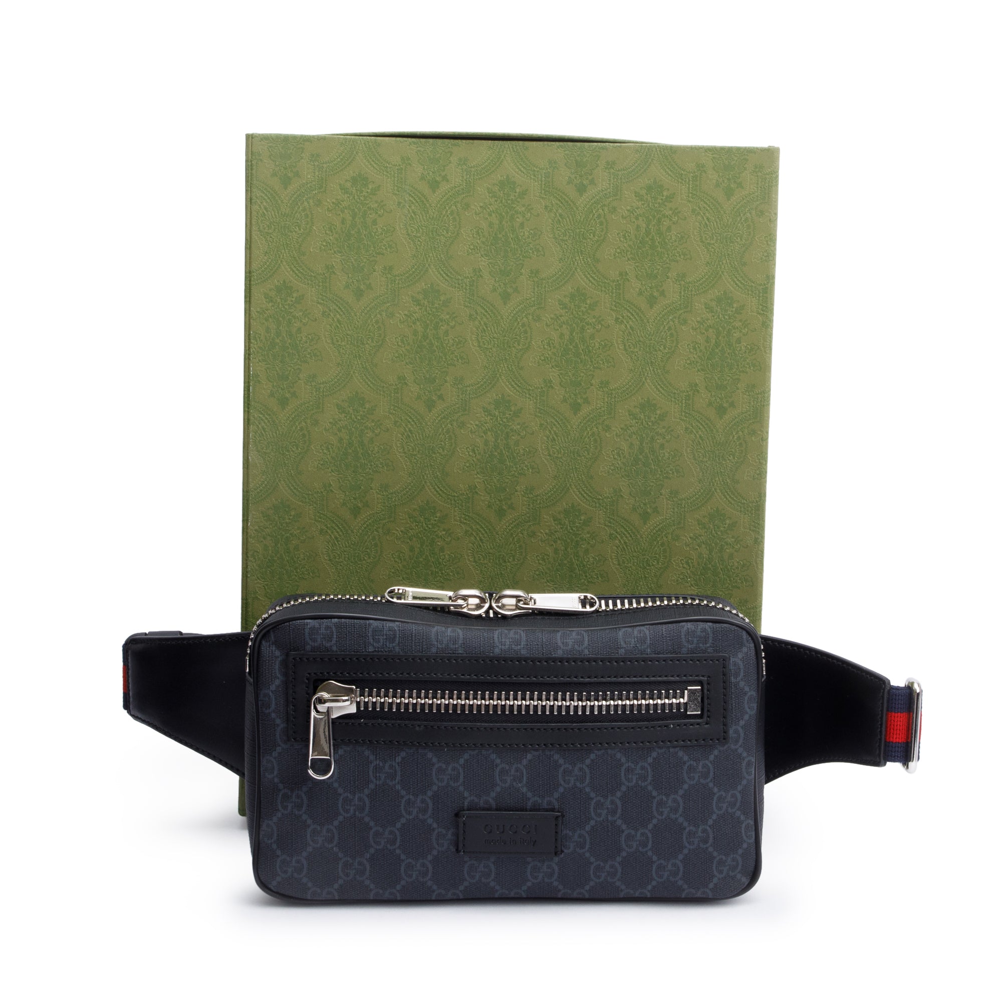 Gucci 2021 Black GG Supreme Belt Bag with Zip Pocket w/ Box