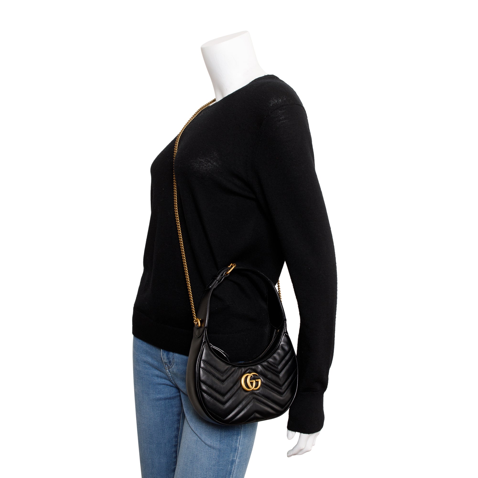 Gucci 2022 Black GG Marmont Half-Moon Shaped Mini Bag w/ Box & Receipt