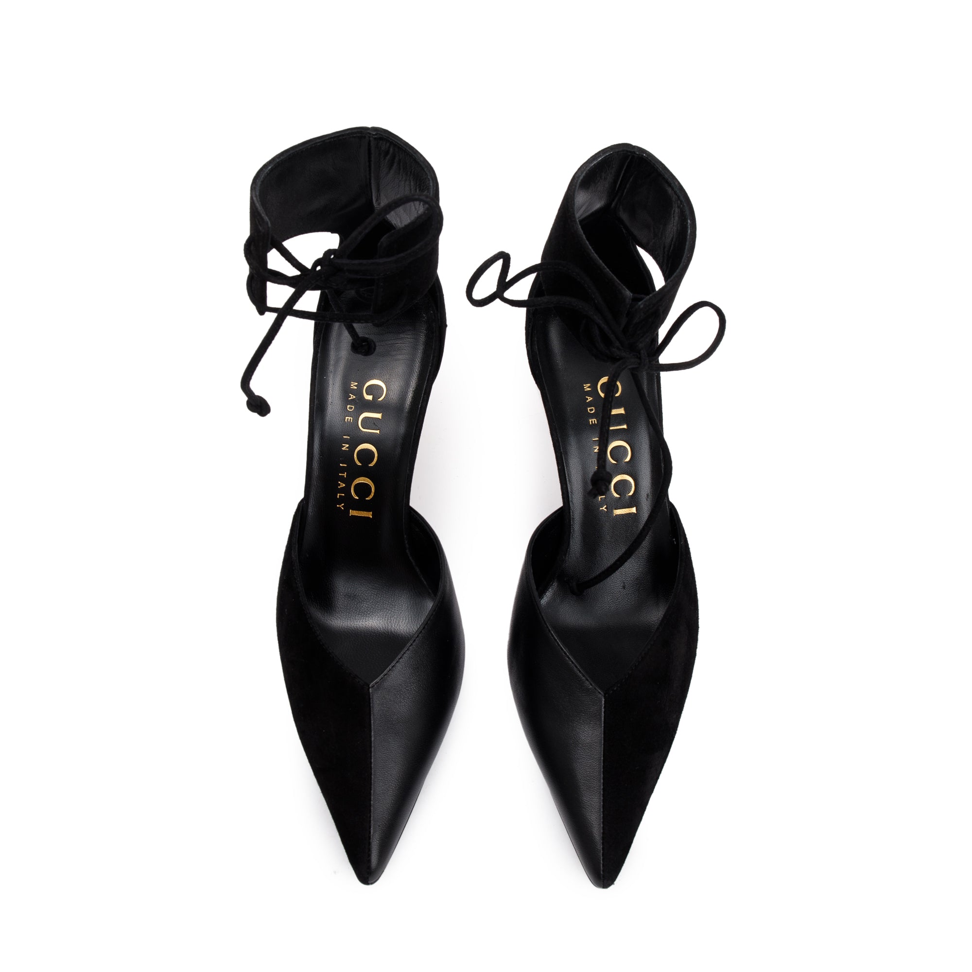 Gucci 2022 Black Suede & Nappa Leather Mid-Heel Lace-Up Pumps, Size 37.5 w/ Box