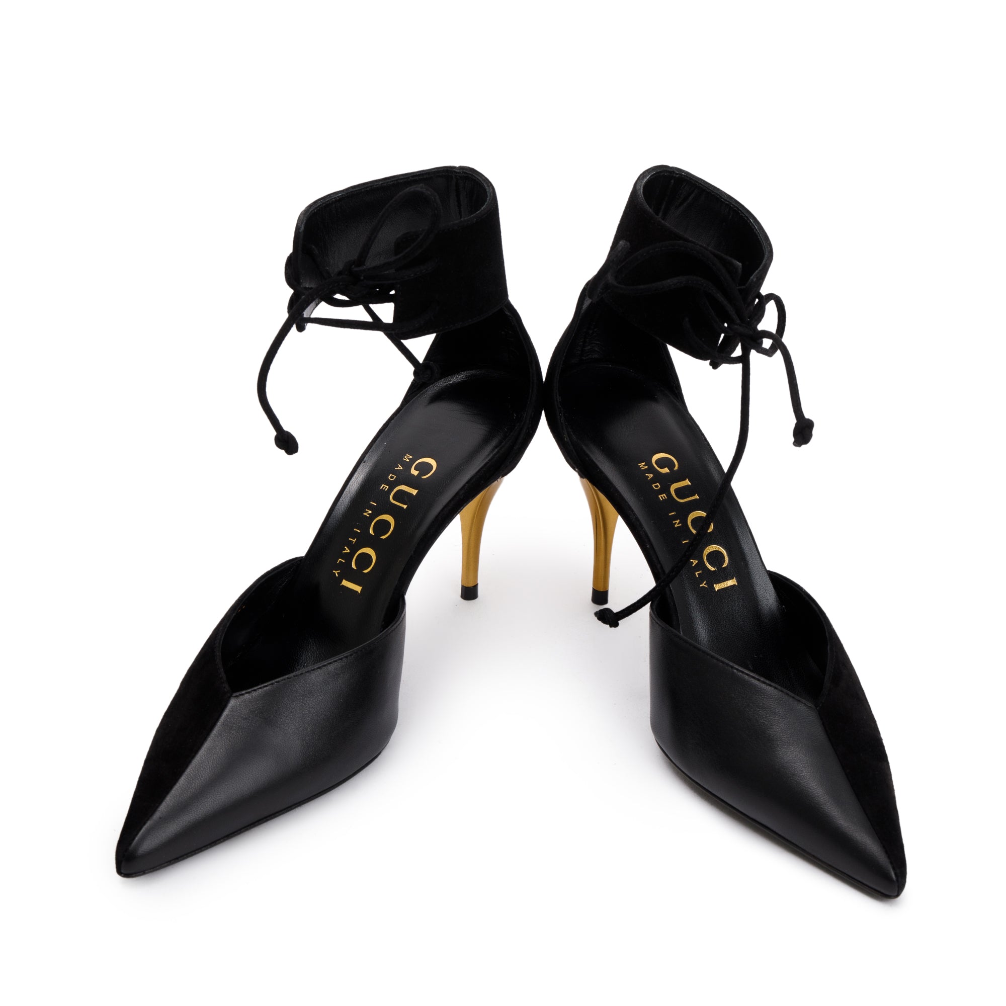 Gucci 2022 Black Suede & Nappa Leather Mid-Heel Lace-Up Pumps, Size 37.5 w/ Box