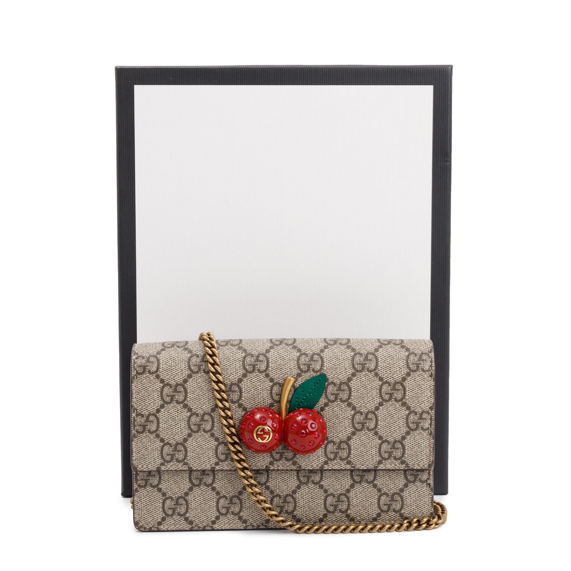 Gucci 2022 GG Supreme Cherry Mini Wallet On Chain w/ Box & Receipt