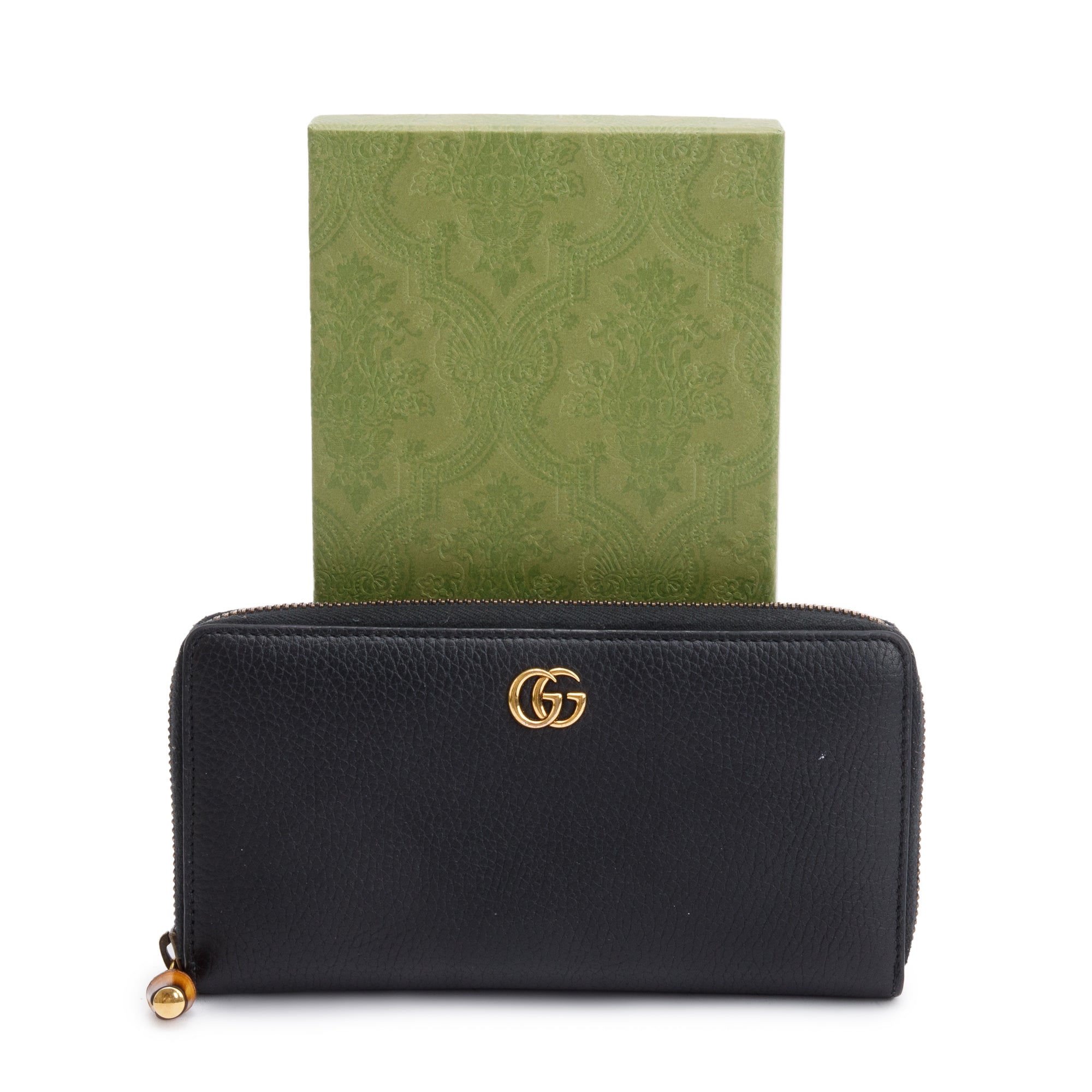 Gucci 2023 Black Leather Zip Around Wallet With Bamboo w/ Box & Receipt