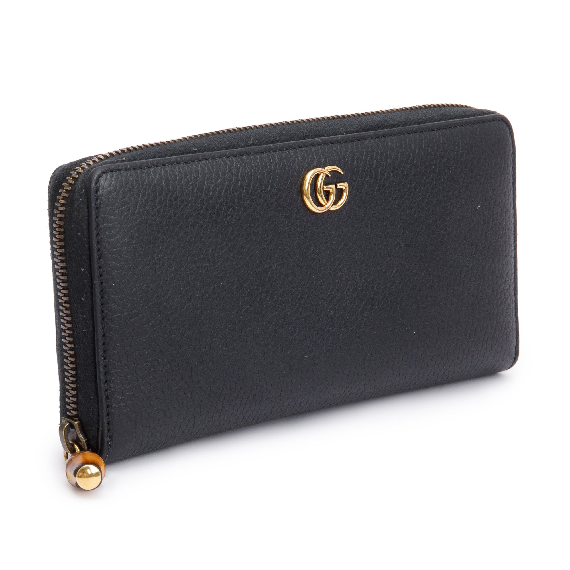 Gucci 2023 Black Leather Zip Around Wallet With Bamboo w/ Box & Receipt
