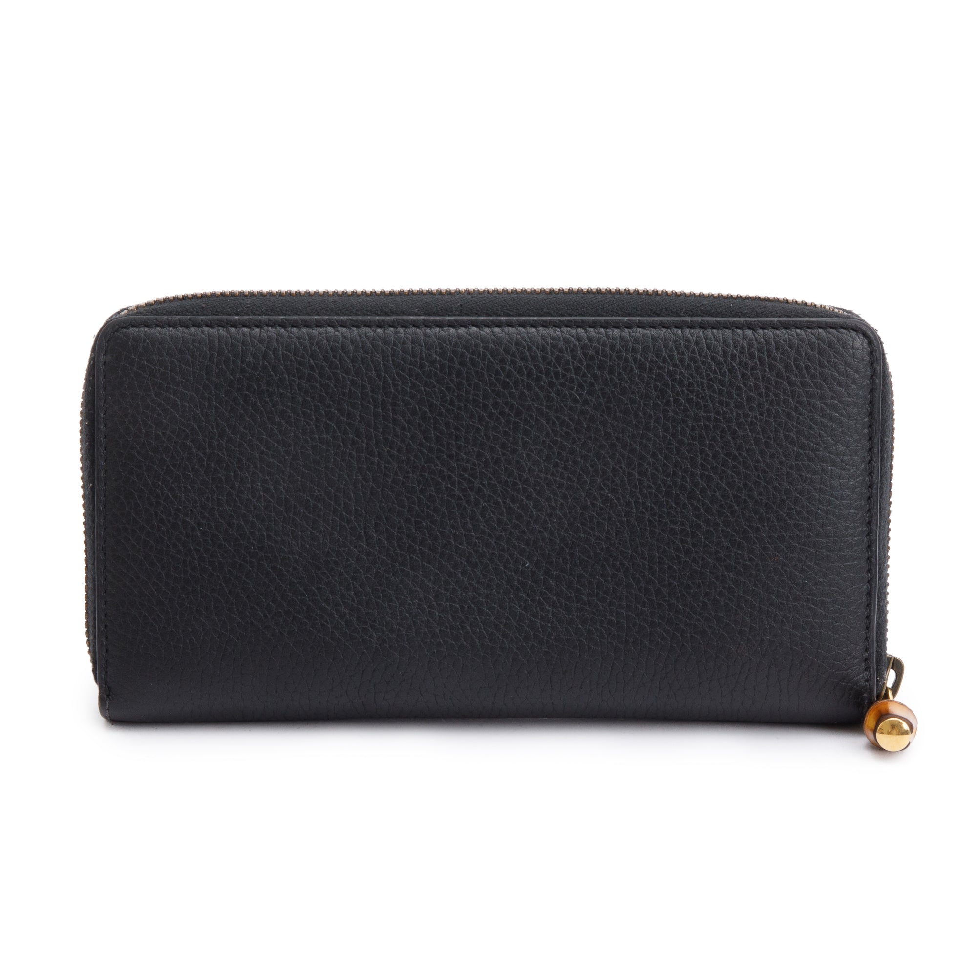Gucci 2023 Black Leather Zip Around Wallet With Bamboo w/ Box & Receipt