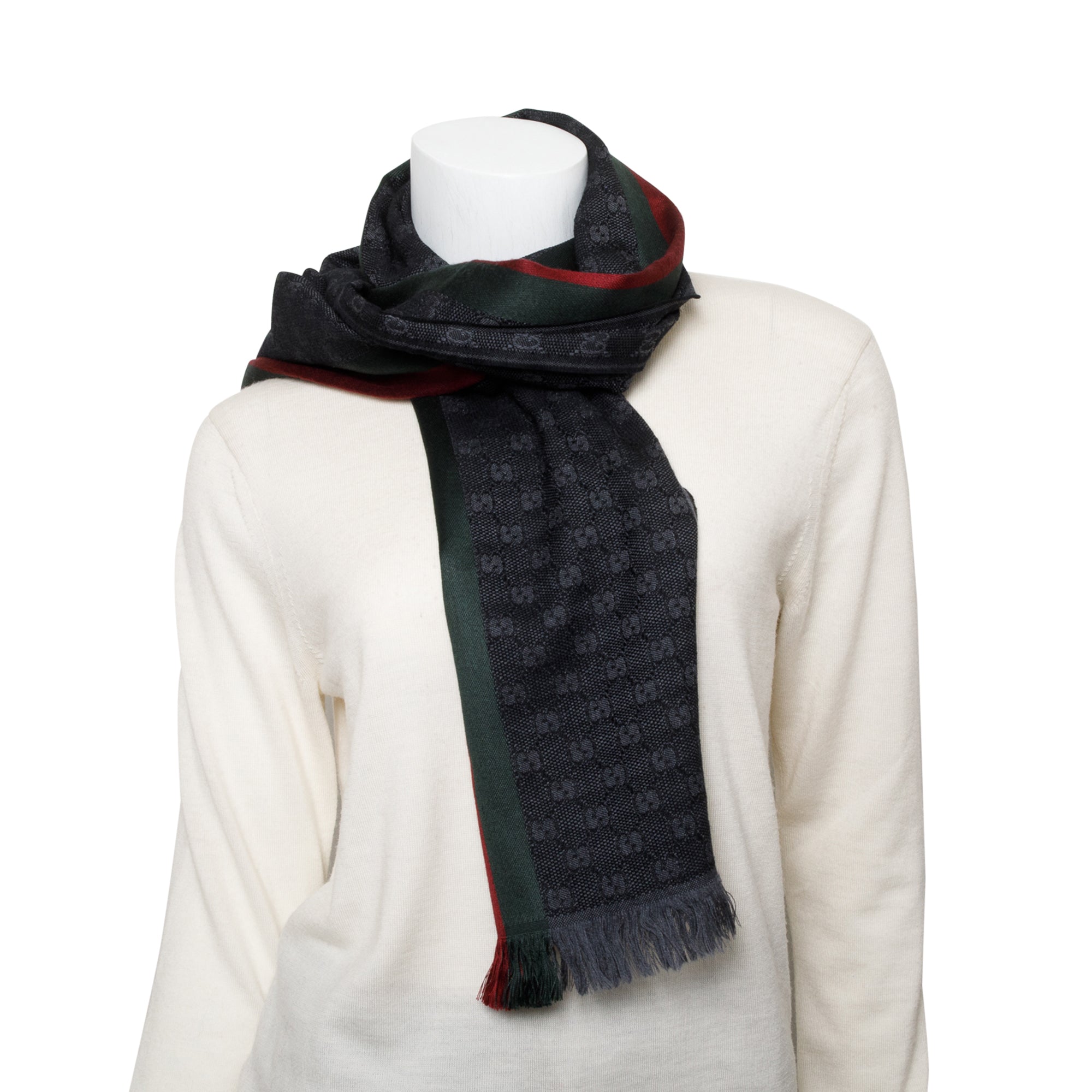 Gucci Black GG Web Jacquard Wool Silk Scarf