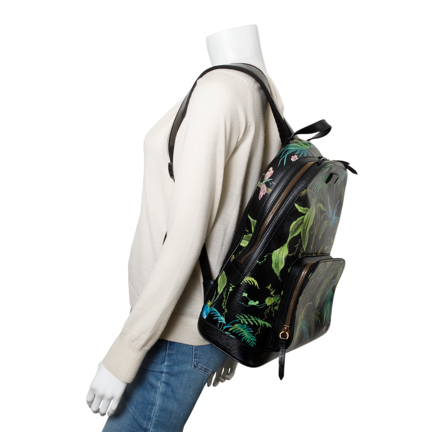 Gucci Black Calfskin Tropical Print Medium Day Backpack