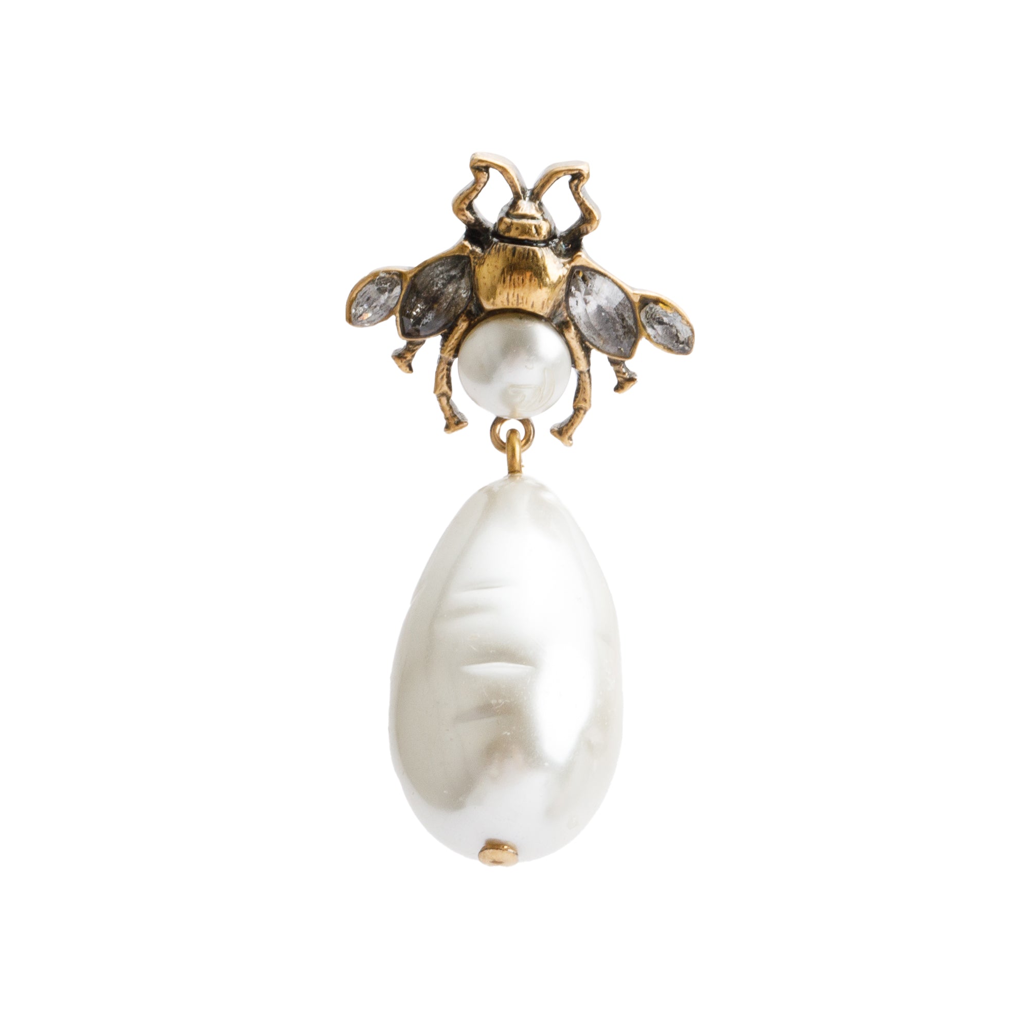 Gucci Aged Gold-Plated Faux Pearl Bee Drop Earrings